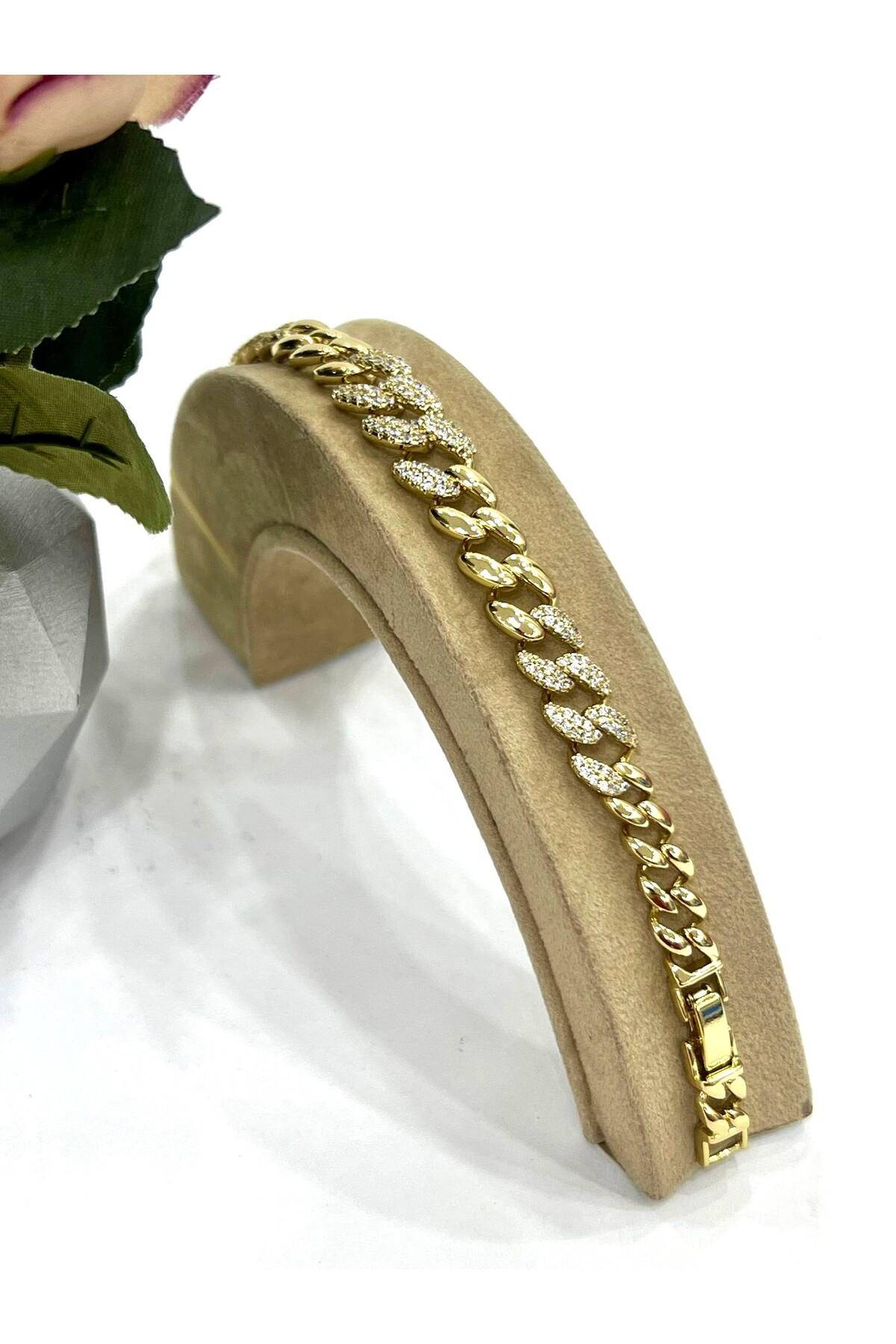 Vip 14 Ayar Taş Detaylı Gurmet Bileklik (1,2cm/17+2cm)