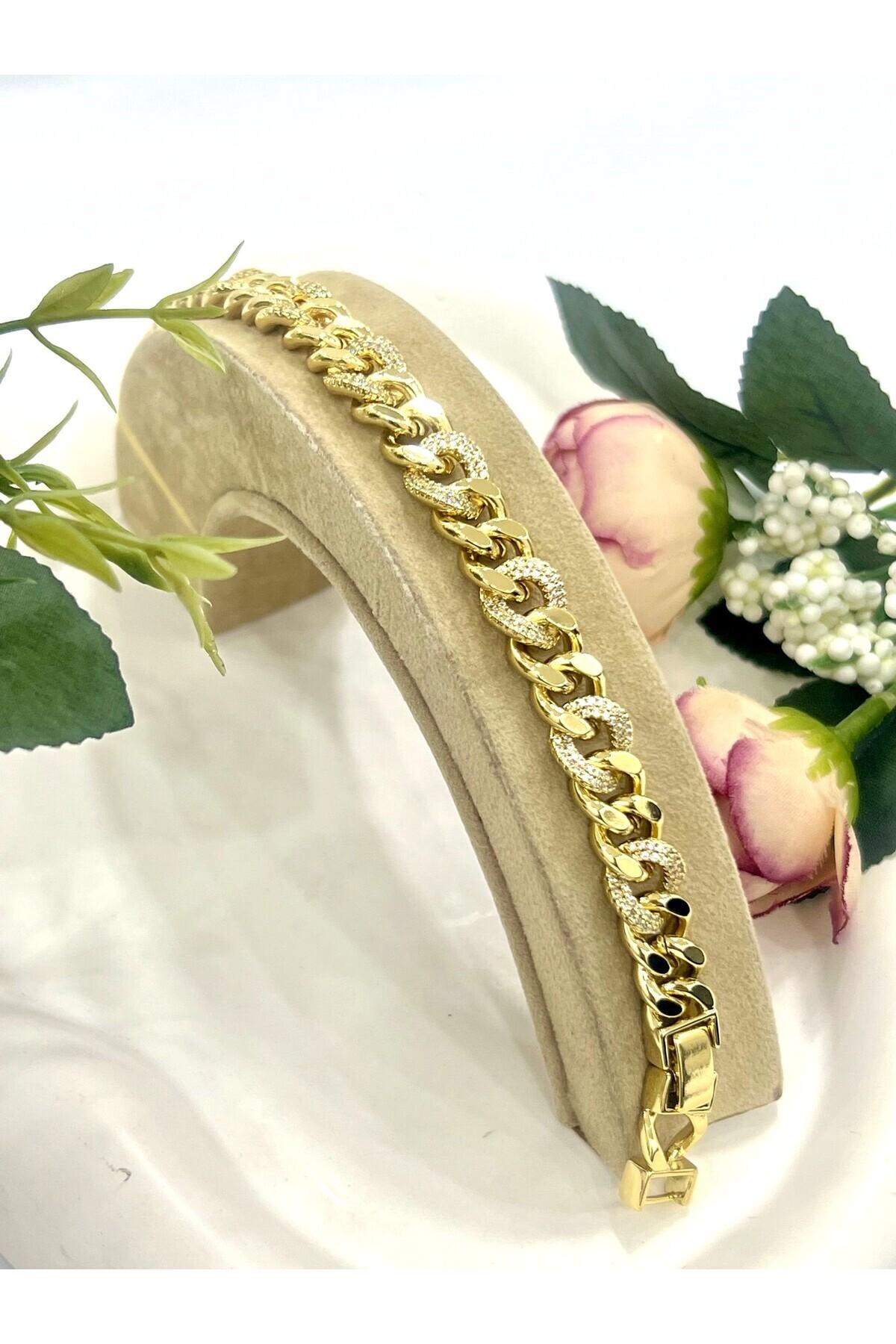 VIP Geçmeli Zirkon Taşlı Çelik Zincir Bileklik (14K Gold/17-19cm)