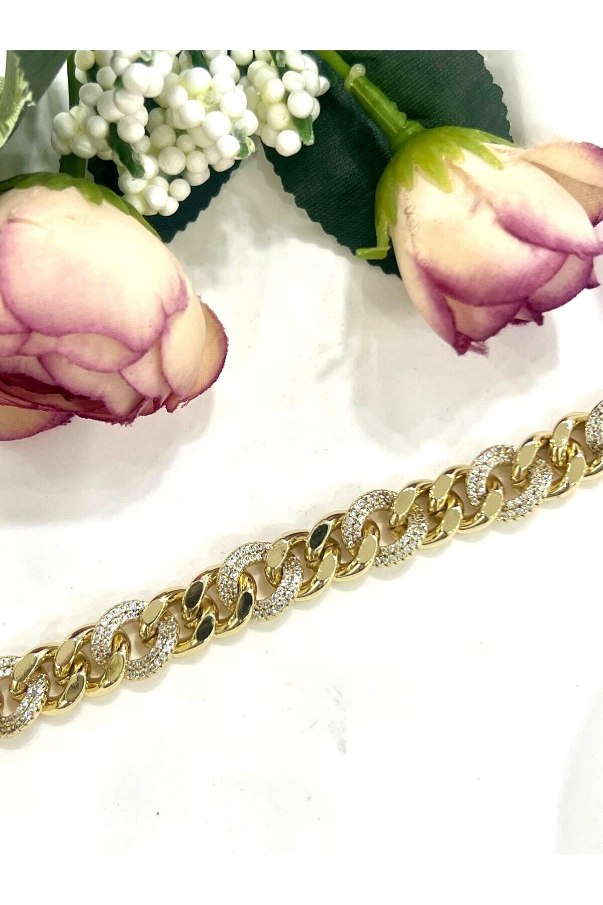 VIP Geçmeli Zirkon Taşlı Çelik Zincir Bileklik (14K Gold/17-19cm) - Görsel 3