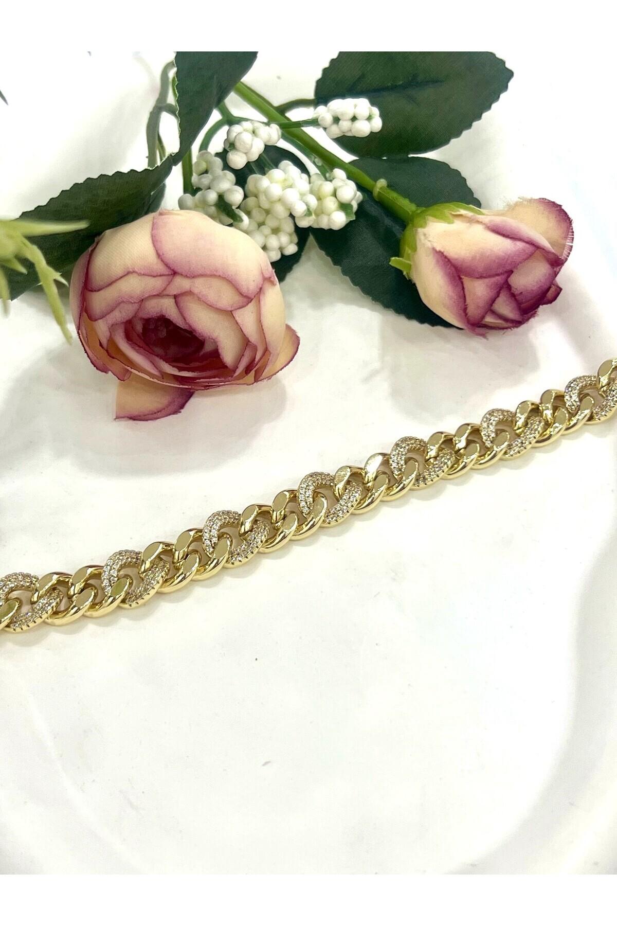 VIP Geçmeli Zirkon Taşlı Çelik Zincir Bileklik (14K Gold/17-19cm) - Görsel 5