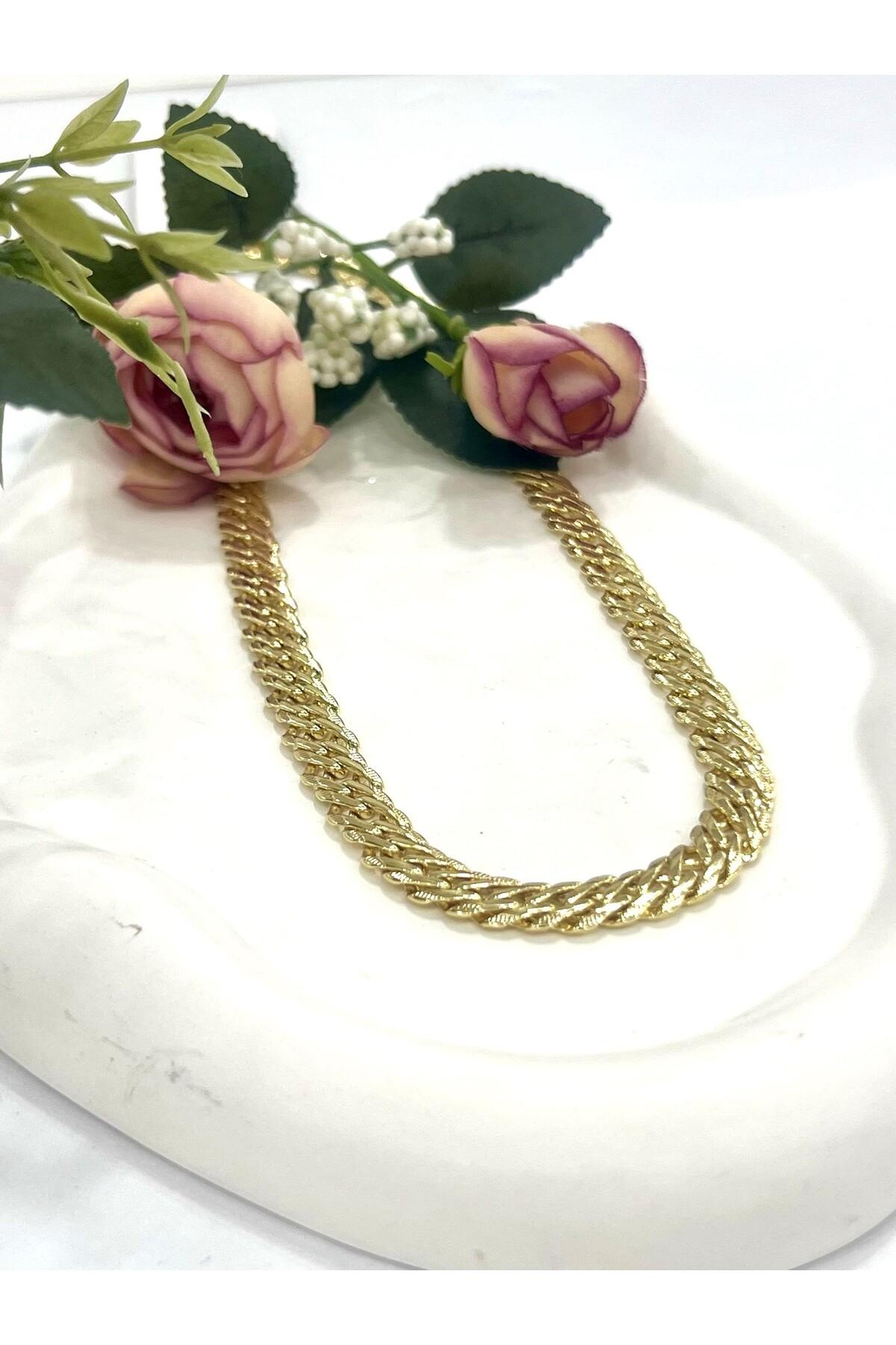 1cm Yassı Gurmet Çelik Zincir Kolye (14k Gold 60cm) - Görsel 2