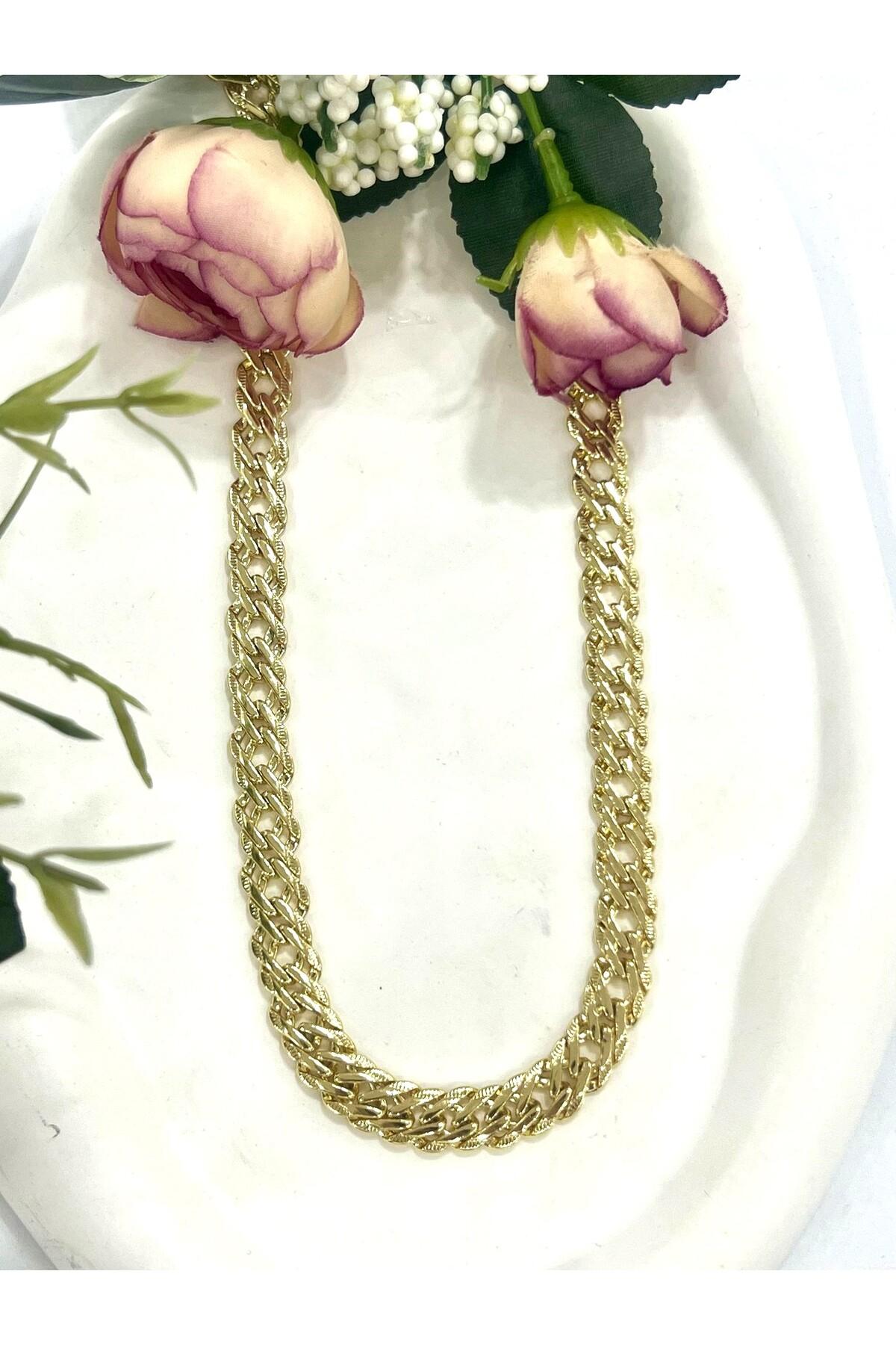 1cm Yassı Gurmet Çelik Zincir Kolye (14k Gold 60cm) - Görsel 6