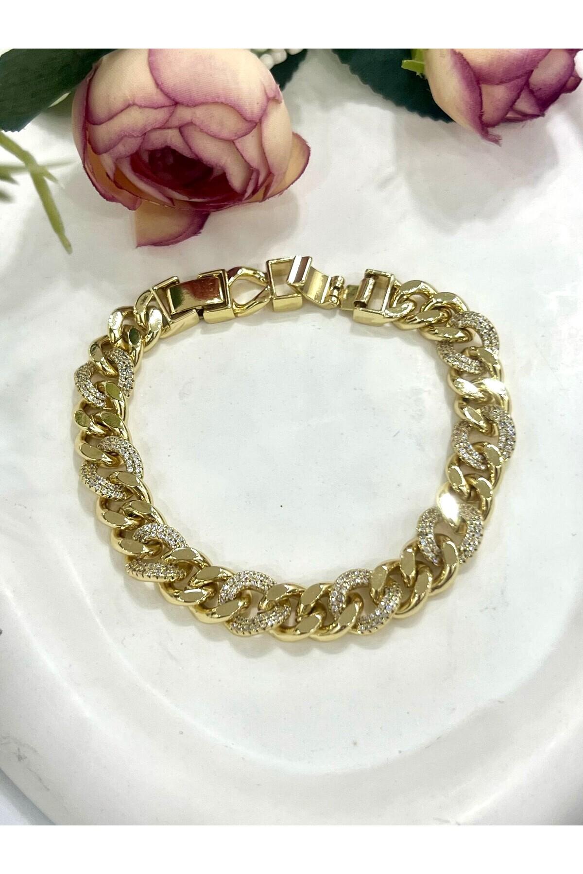 VIP Geçmeli Zirkon Taşlı Çelik Zincir Bileklik (14K Gold/17-19cm) - Görsel 2