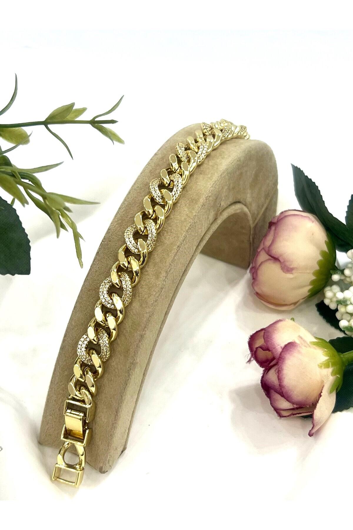 VIP Geçmeli Zirkon Taşlı Çelik Zincir Bileklik (14K Gold/17-19cm) - Görsel 4