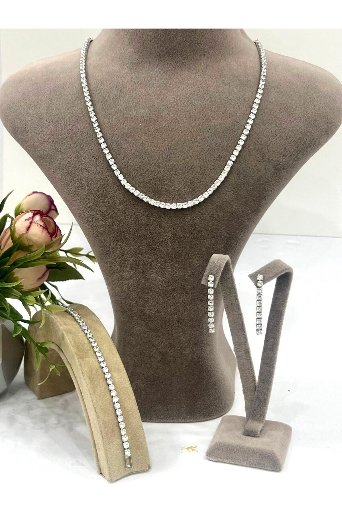 Zirkon Taşlı Çelik Silver Model Set (Set3)