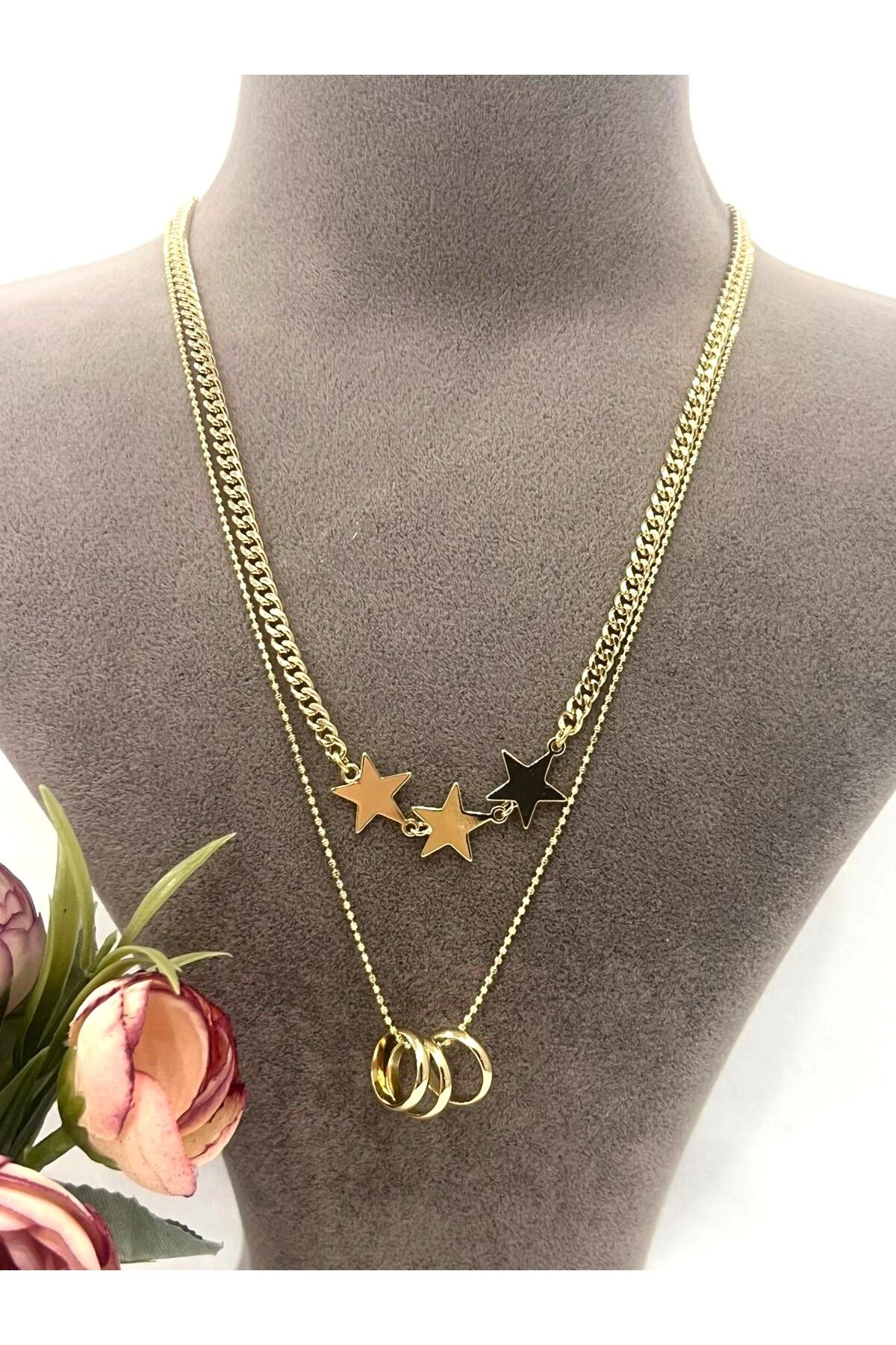 XUPING Yıldız Halkalı İkili Çelik Kolye (14k Gold - 39/44cm) - Görsel 4