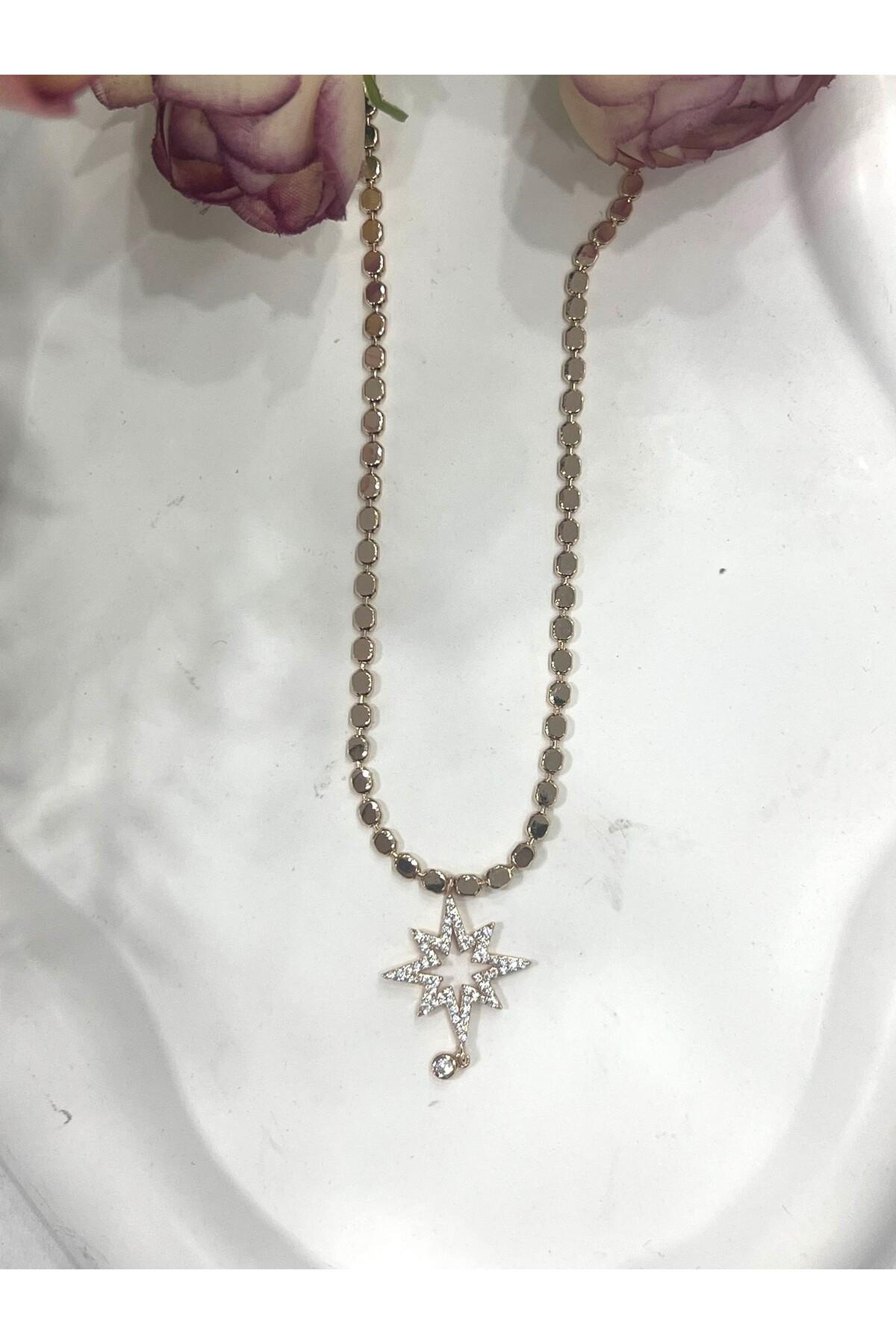 XUPING Pul Ezme Yıldız Sarkık Taşlı Uçlu Kolye (18K RoseGold 40/45cm) 2x2,5cm - Görsel 4