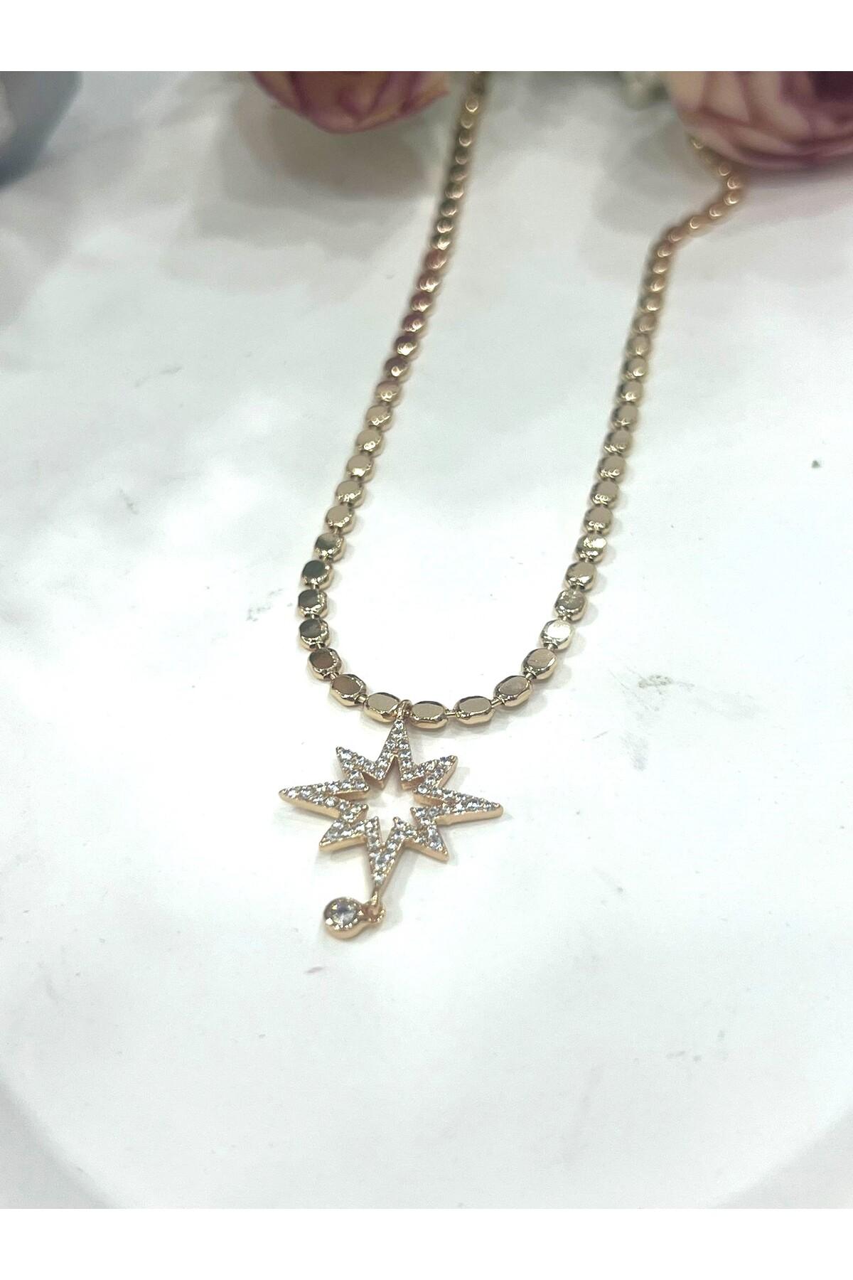 XUPING Pul Ezme Yıldız Sarkık Taşlı Uçlu Kolye (18K RoseGold 40/45cm) 2x2,5cm - Görsel 2