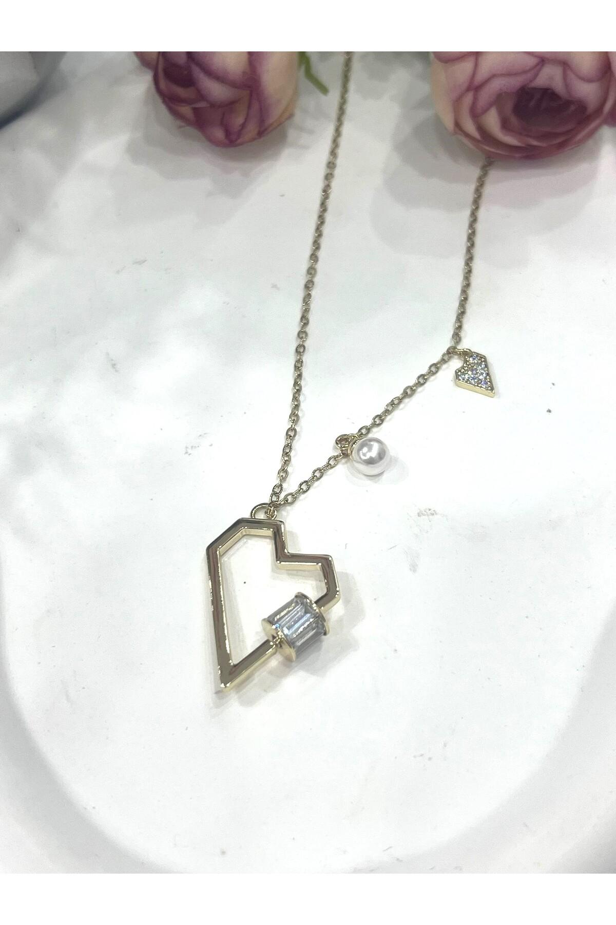 XUPING Heart Trio Mini Zirkon Taşlı Çelik Kolye (14k Gold 45/49cm) 3x2,5cm - Görsel 2