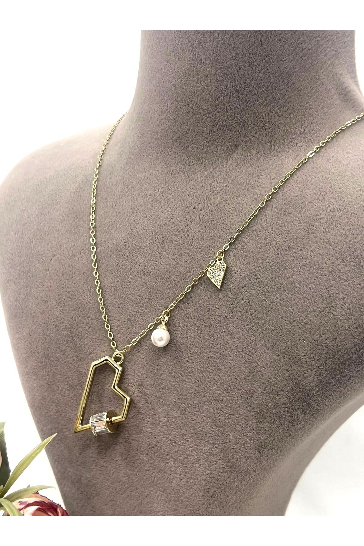 XUPING Heart Trio Mini Zirkon Taşlı Çelik Kolye (14k Gold 45/49cm) 3x2,5cm