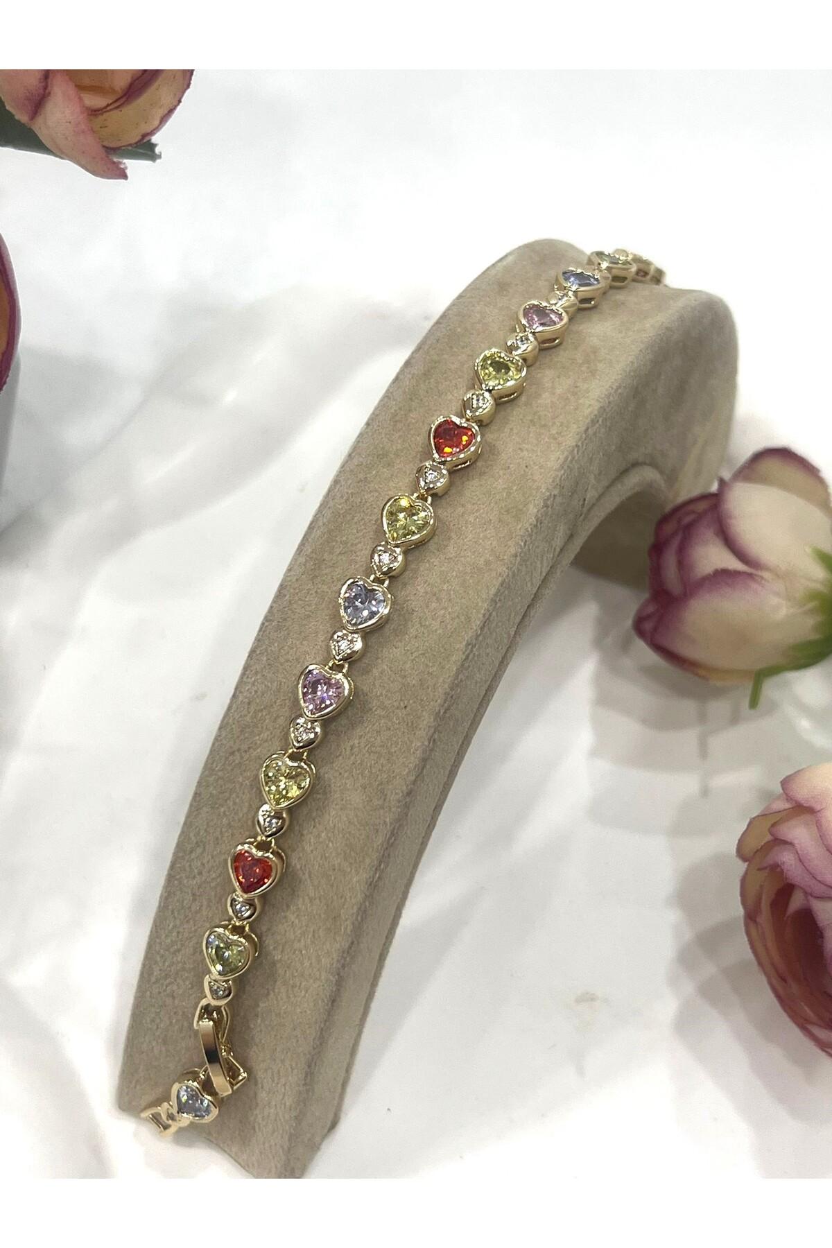 Kalpli Vip Seri Renkli Zirkon Taşlı Bileklik (14K GOLD - 17,5/18,5CM)