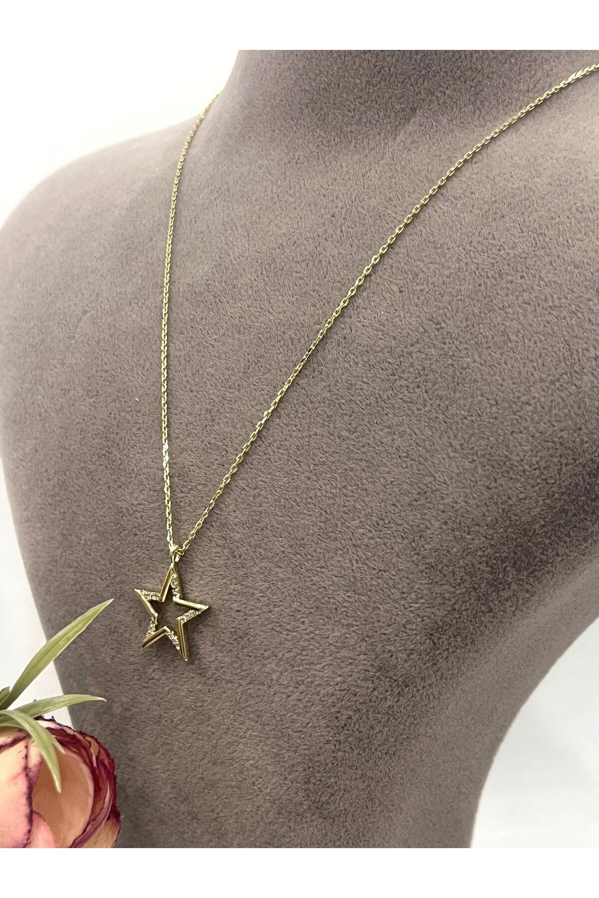 XUPING Zirkon Taşlı Yıldız Çelik Kolye (14k Gold - 40/45cm 1,8x2cm)