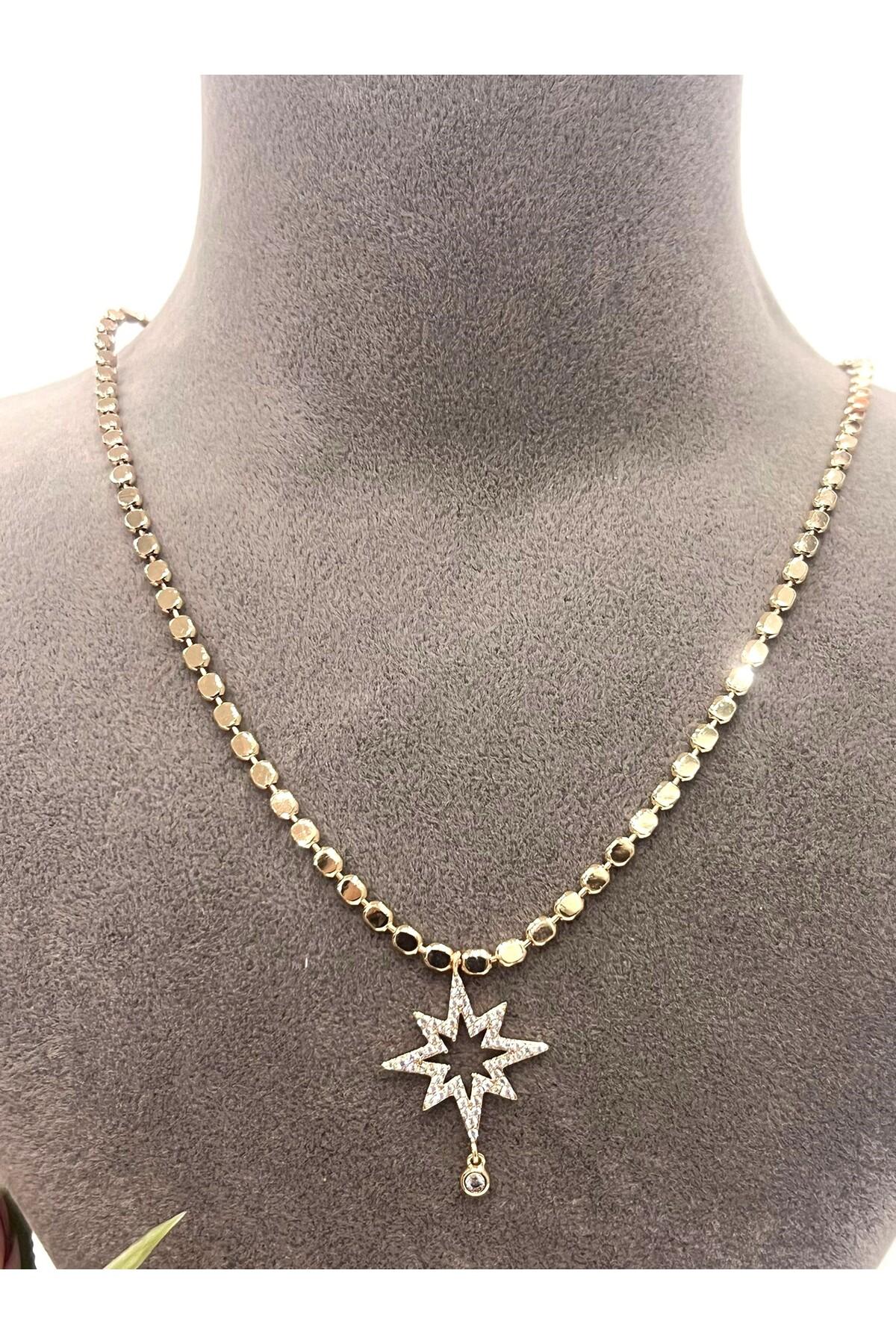 XUPING Pul Ezme Yıldız Sarkık Taşlı Uçlu Kolye (18K RoseGold 40/45cm) 2x2,5cm - Görsel 5