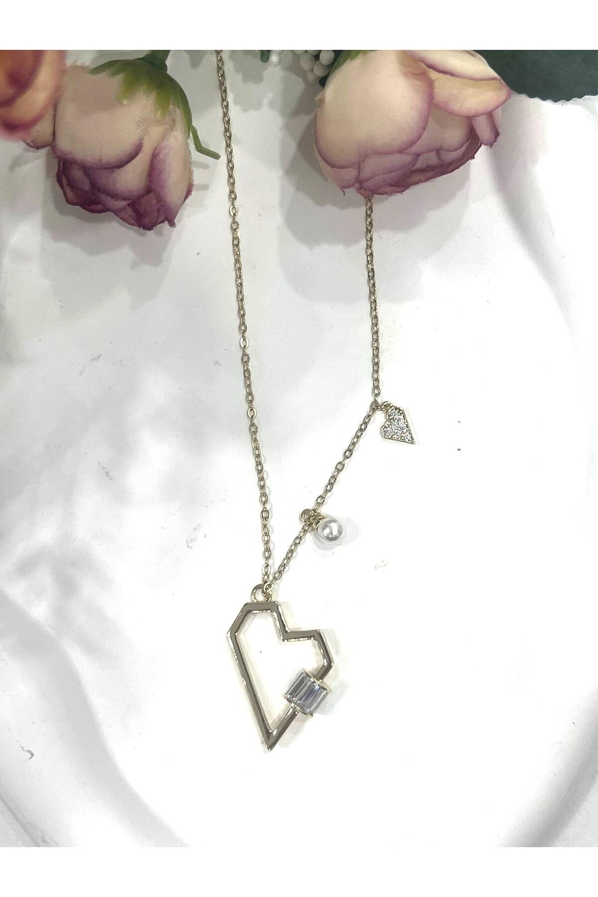 XUPING Heart Trio Mini Zirkon Taşlı Çelik Kolye (14k Gold 45/49cm) 3x2,5cm - Görsel 4