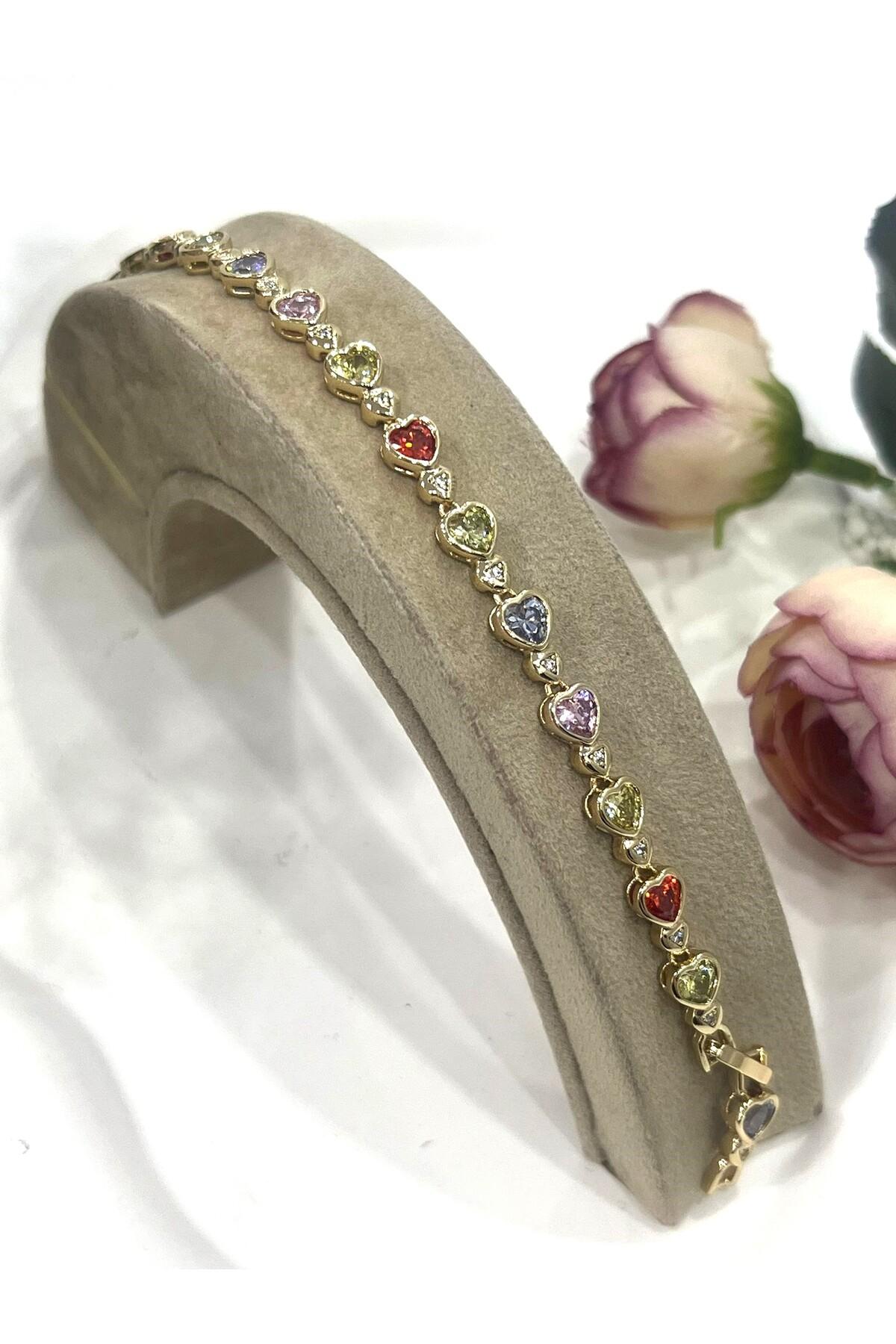 Kalpli Vip Seri Renkli Zirkon Taşlı Bileklik (14K GOLD - 17,5/18,5CM) - Görsel 5