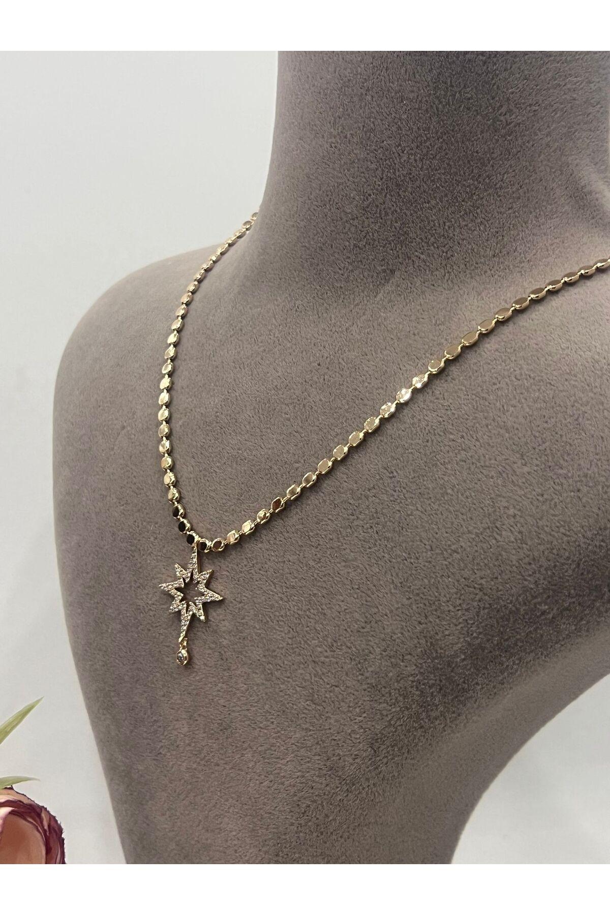 XUPING Pul Ezme Yıldız Sarkık Taşlı Uçlu Kolye (18K RoseGold 40/45cm) 2x2,5cm