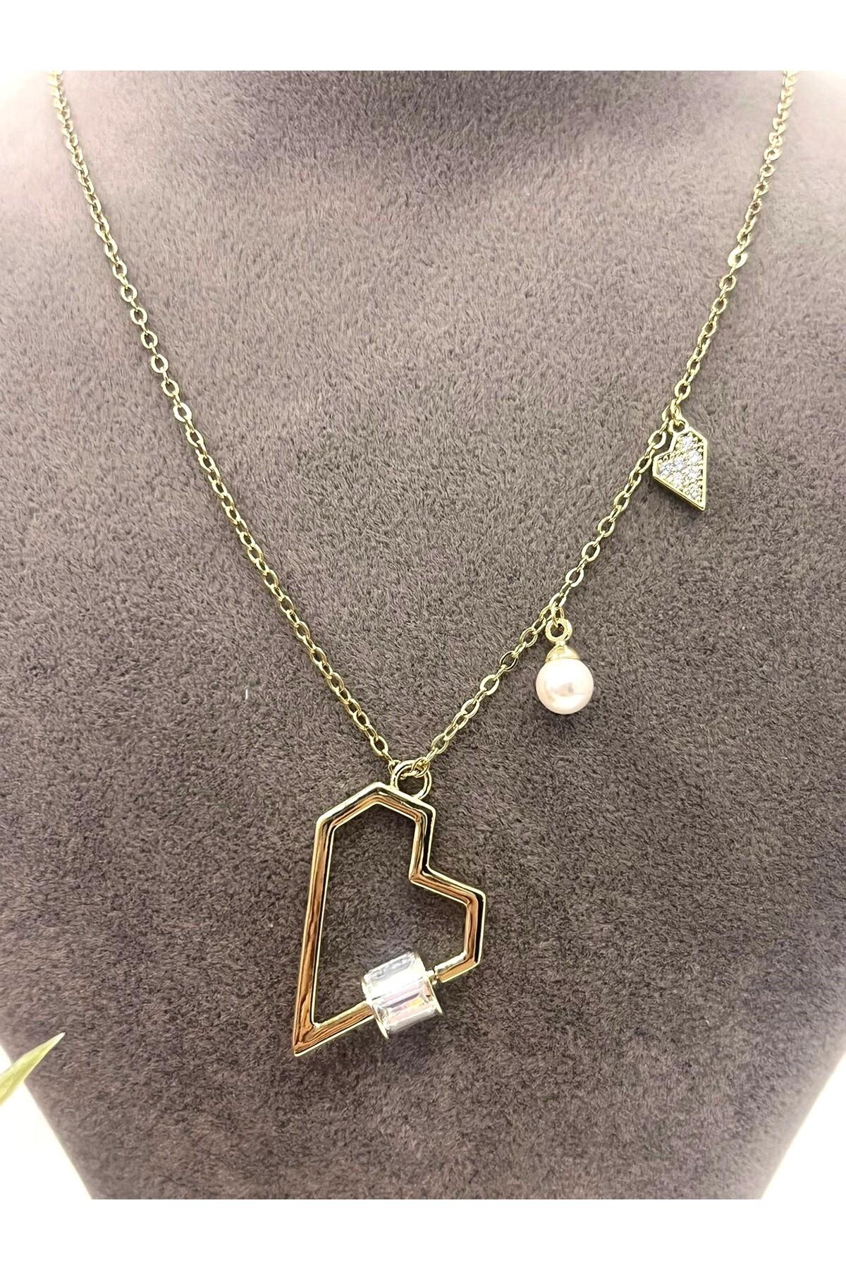 XUPING Heart Trio Mini Zirkon Taşlı Çelik Kolye (14k Gold 45/49cm) 3x2,5cm - Görsel 3