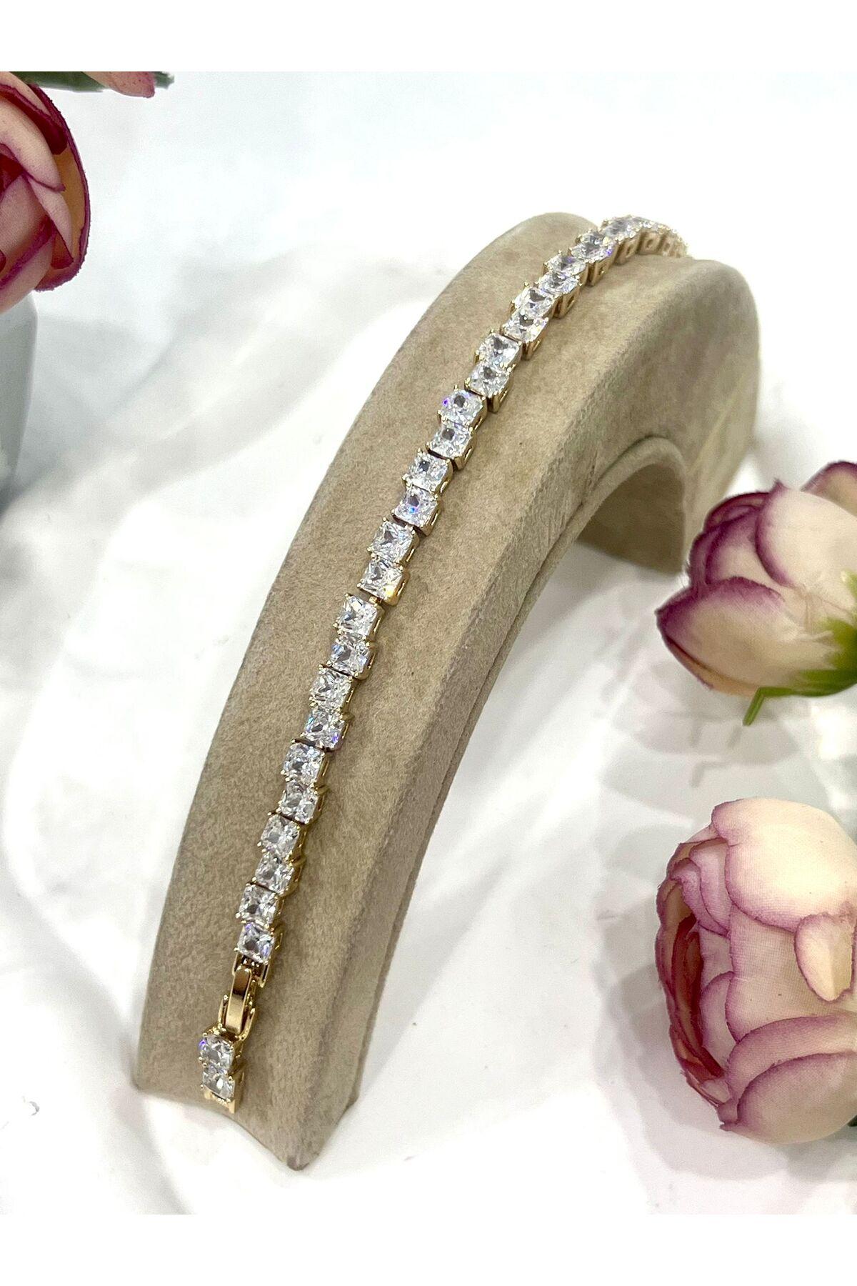 Özel Kaplama Altın Rengi Pırlanta Montür Taşlı Kalın Baget Bileklik (14K GOLD /15+2CM)