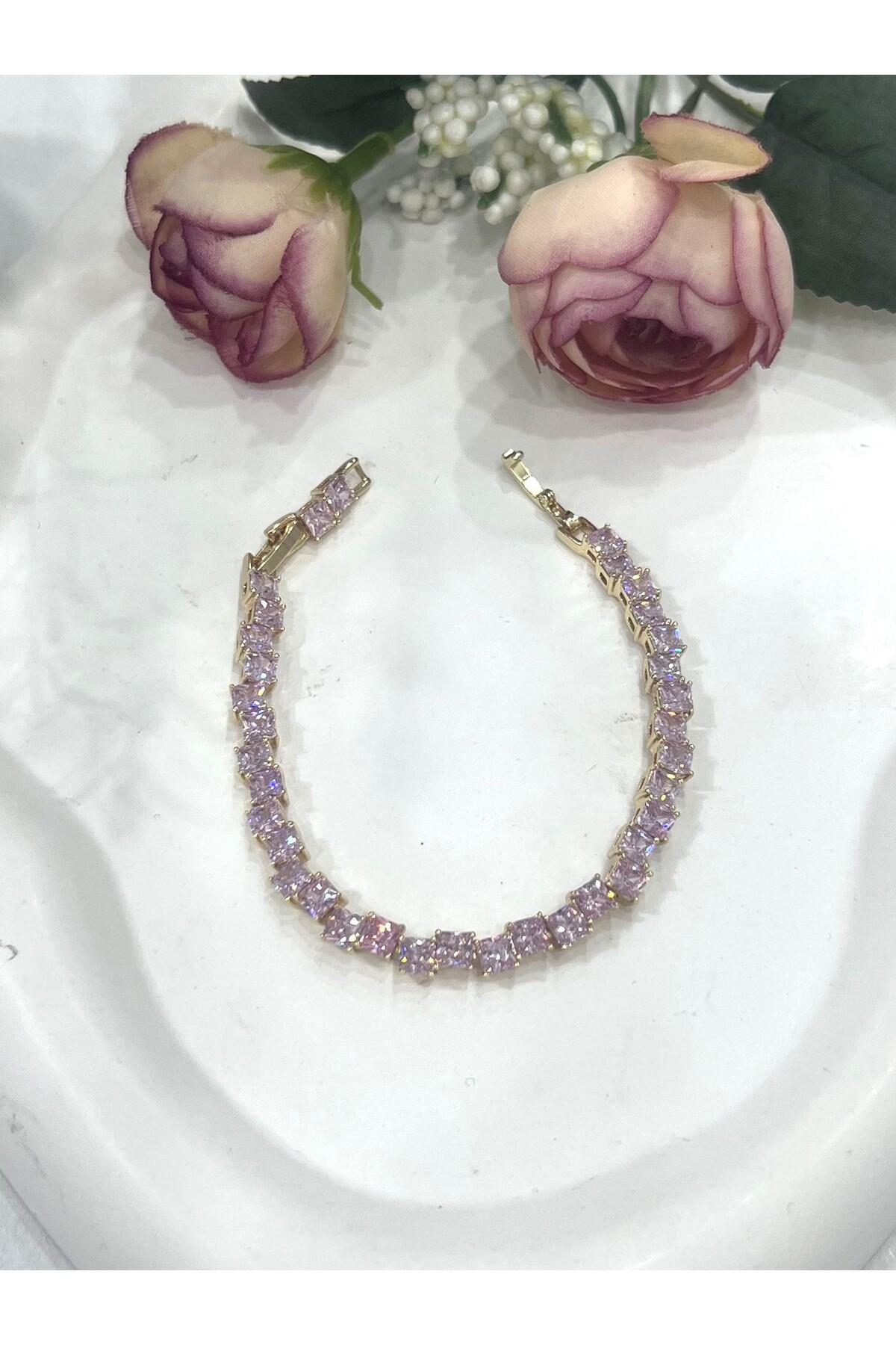 Özel Kaplama Altın Rengi Pırlanta Pembe Montür Taşlı Kalın Baget Bileklik (14K GOLD /15+2CM) - Görsel 6