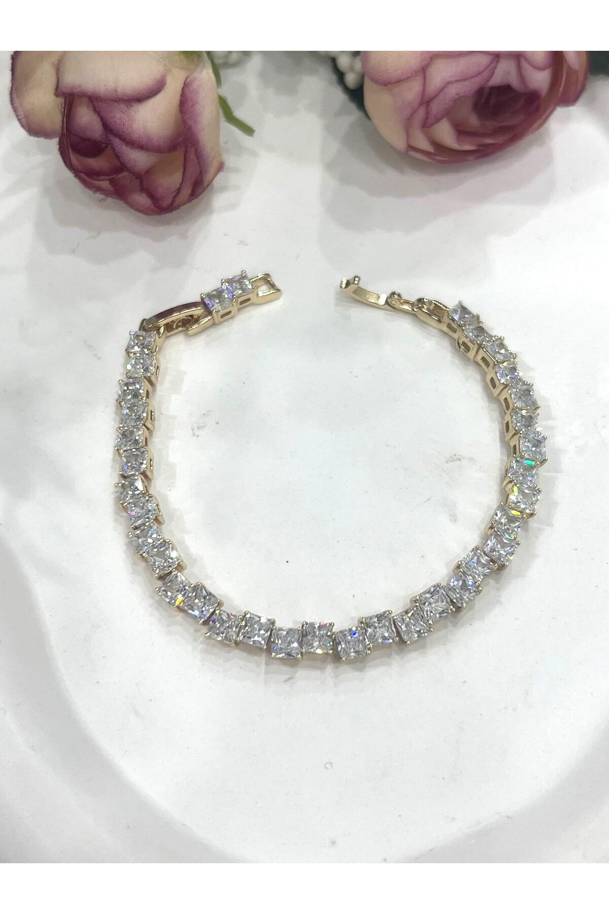 Özel Kaplama Altın Rengi Pırlanta Montür Taşlı Kalın Baget Bileklik (14K GOLD /15+2CM) - Görsel 6