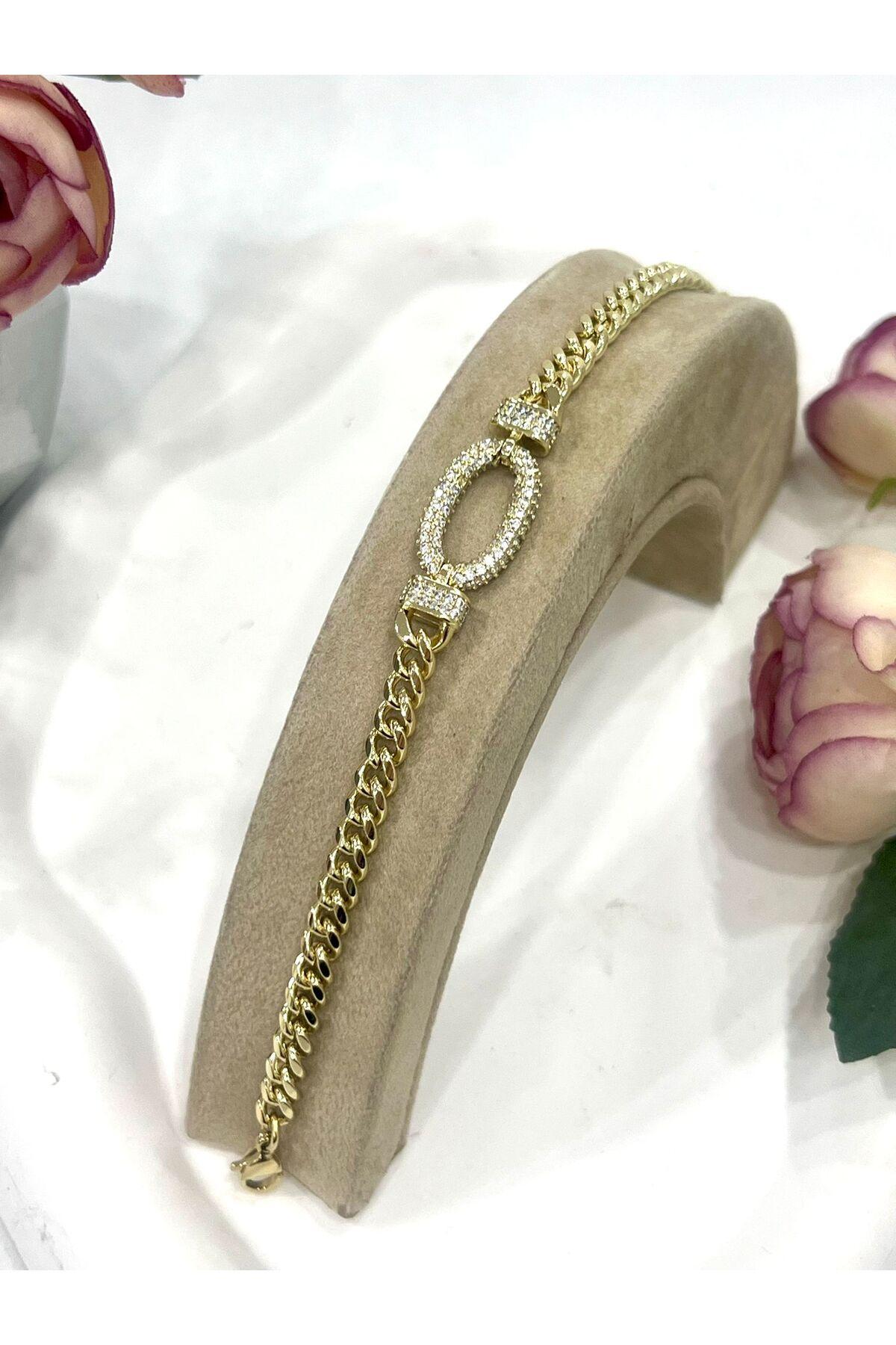 Zirkon Orta Detaylı Gold Zincir Bileklik (14K GOLD /17+2CM)