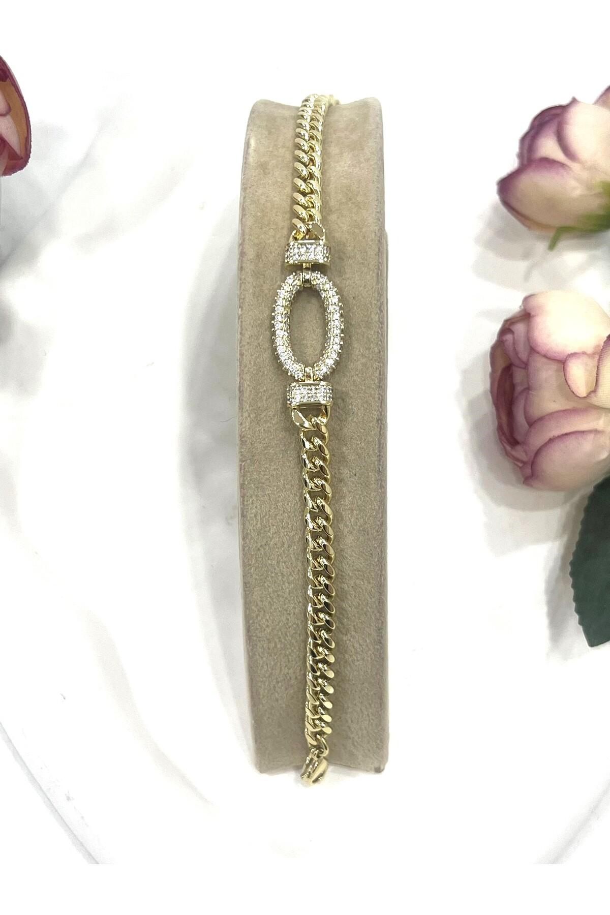 Zirkon Orta Detaylı Gold Zincir Bileklik (14K GOLD /17+2CM) - Görsel 3