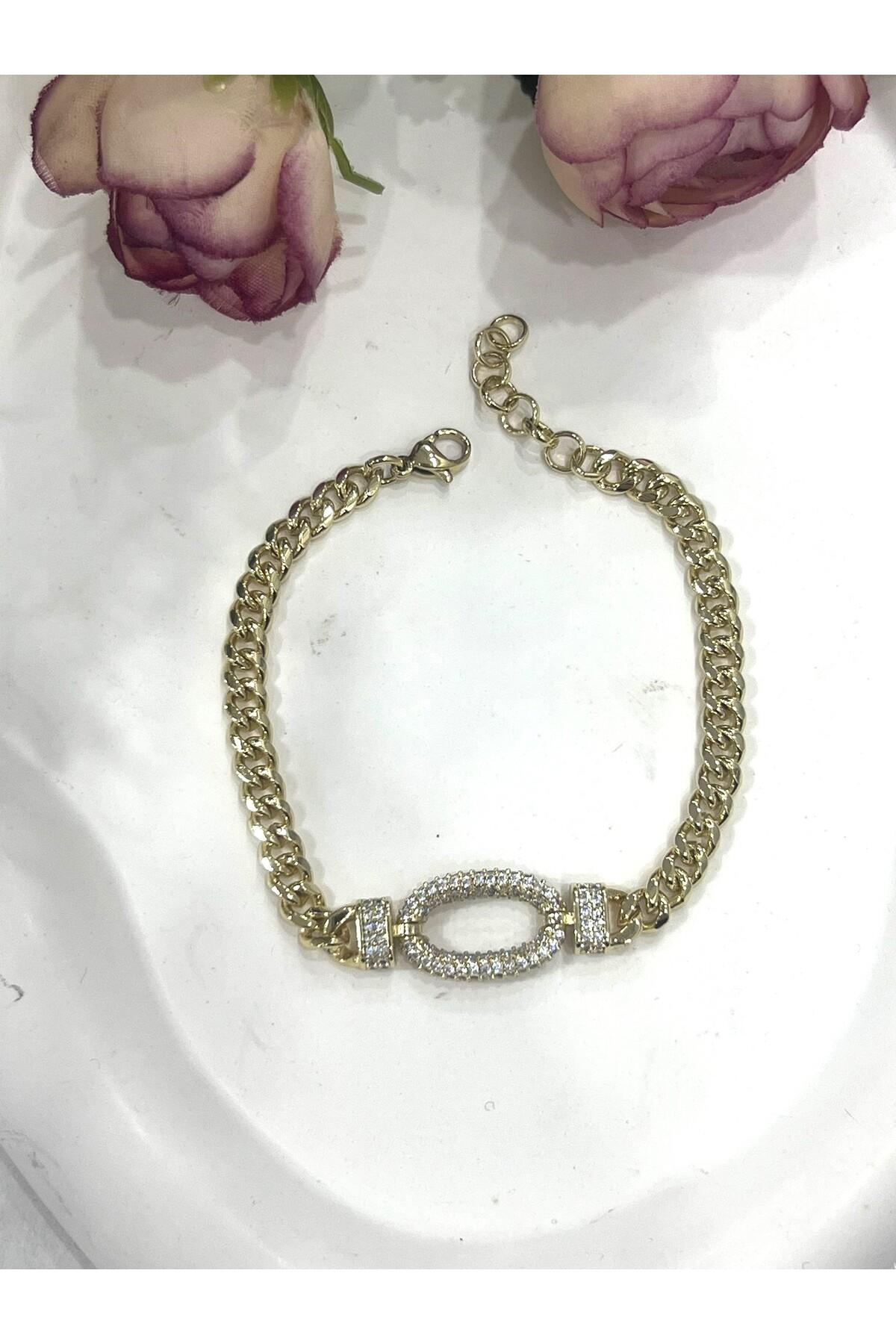 Zirkon Orta Detaylı Gold Zincir Bileklik (14K GOLD /17+2CM) - Görsel 4