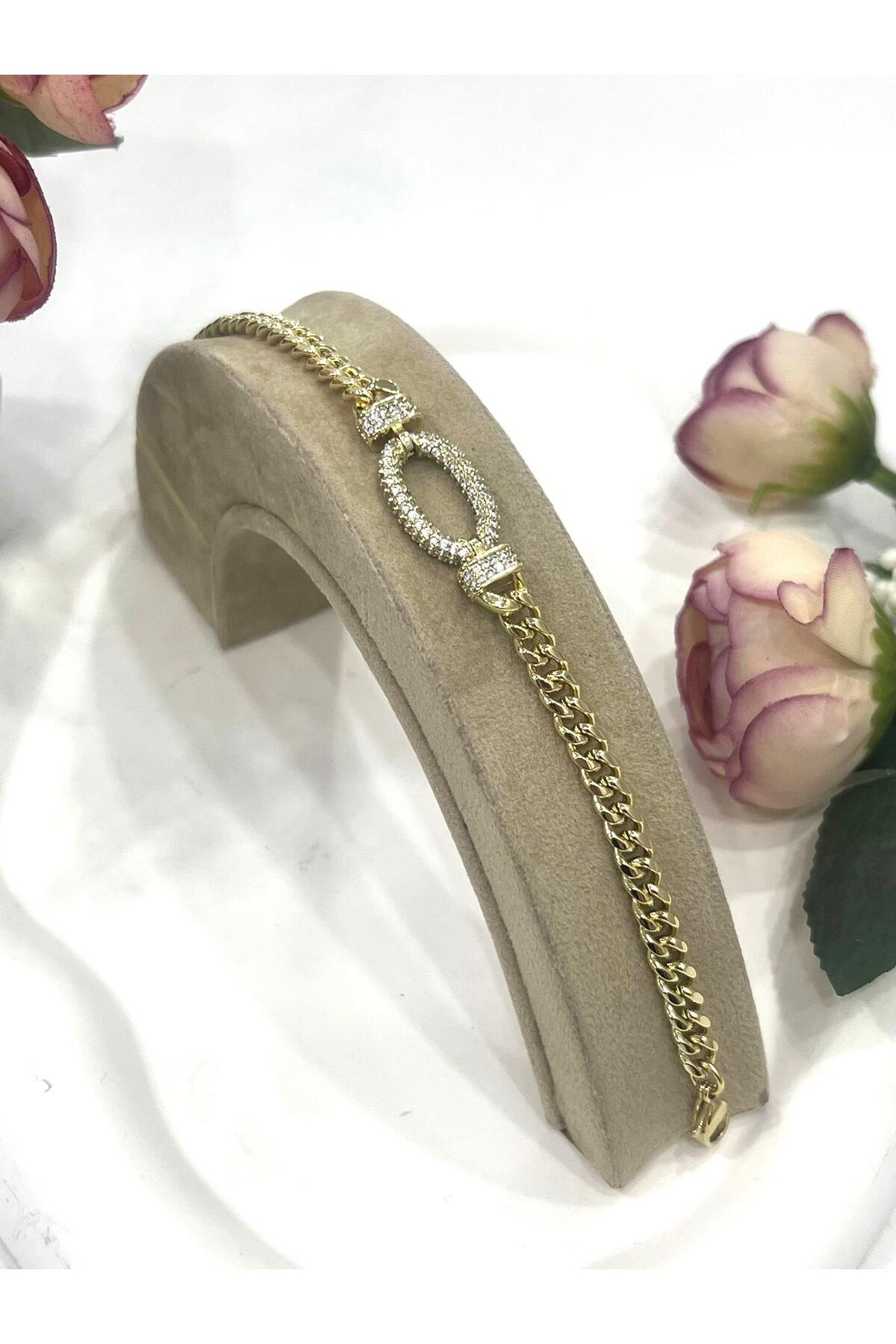 Zirkon Orta Detaylı Gold Zincir Bileklik (14K GOLD /17+2CM) - Görsel 5