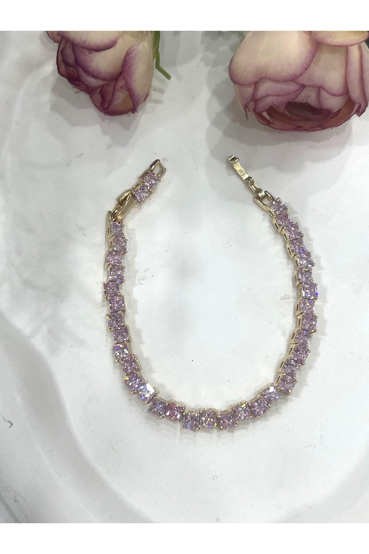 Özel Kaplama Altın Rengi Pırlanta Pembe Montür Taşlı Kalın Baget Bileklik (14K GOLD /15+2CM) - Görsel 2