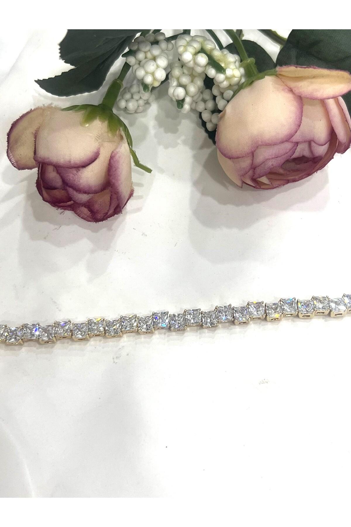 Özel Kaplama Altın Rengi Pırlanta Montür Taşlı Kalın Baget Bileklik (14K GOLD /15+2CM) - Görsel 4