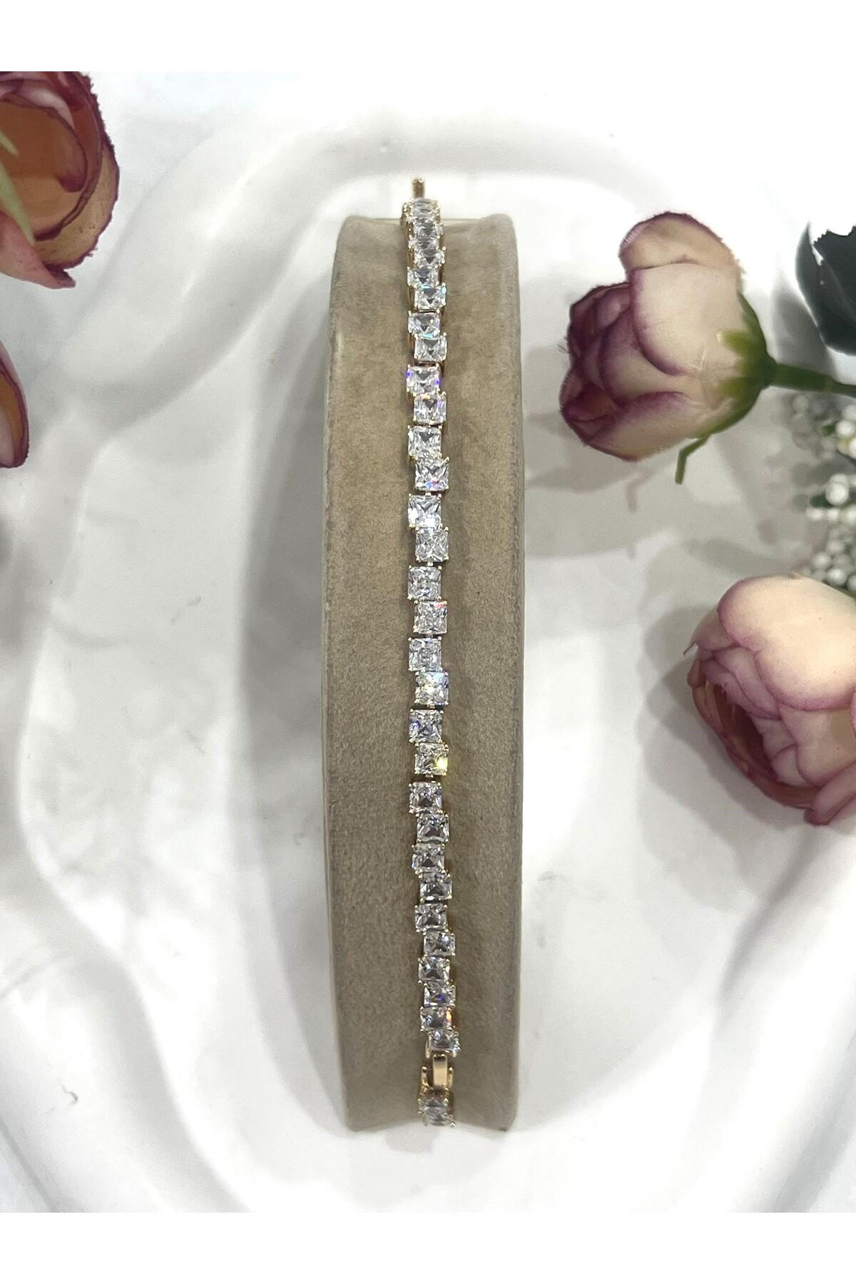 Özel Kaplama Altın Rengi Pırlanta Montür Taşlı Kalın Baget Bileklik (14K GOLD /15+2CM) - Görsel 3