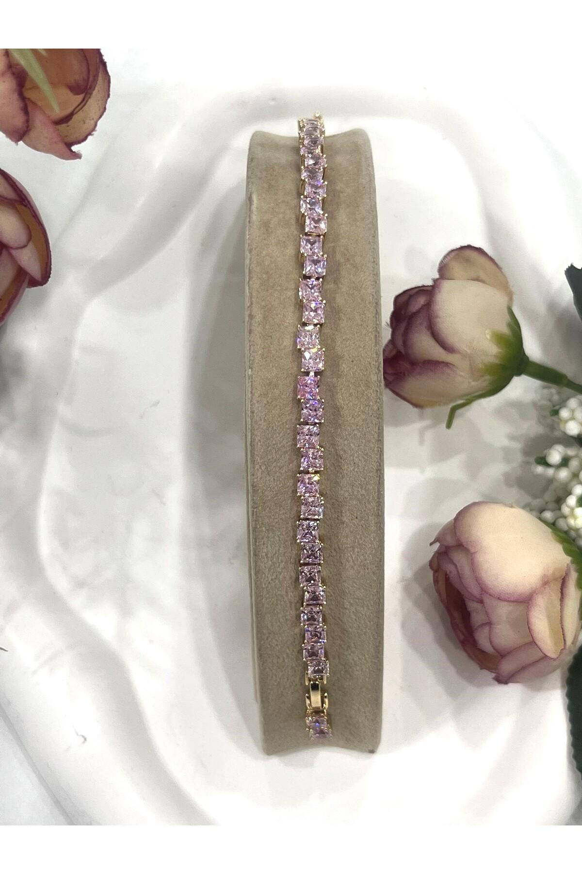 Özel Kaplama Altın Rengi Pırlanta Pembe Montür Taşlı Kalın Baget Bileklik (14K GOLD /15+2CM) - Görsel 4