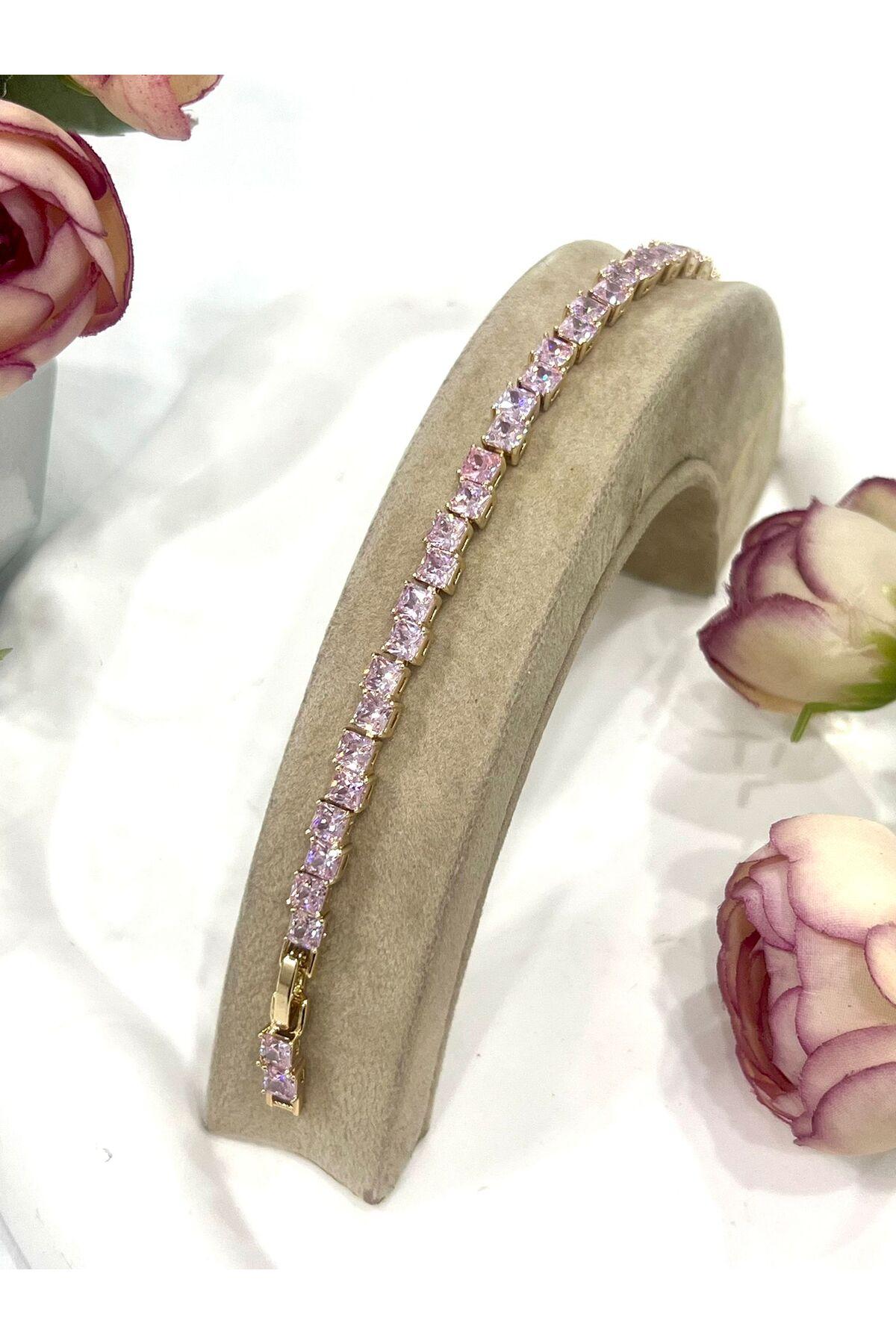 Özel Kaplama Altın Rengi Pırlanta Pembe Montür Taşlı Kalın Baget Bileklik (14K GOLD /15+2CM)