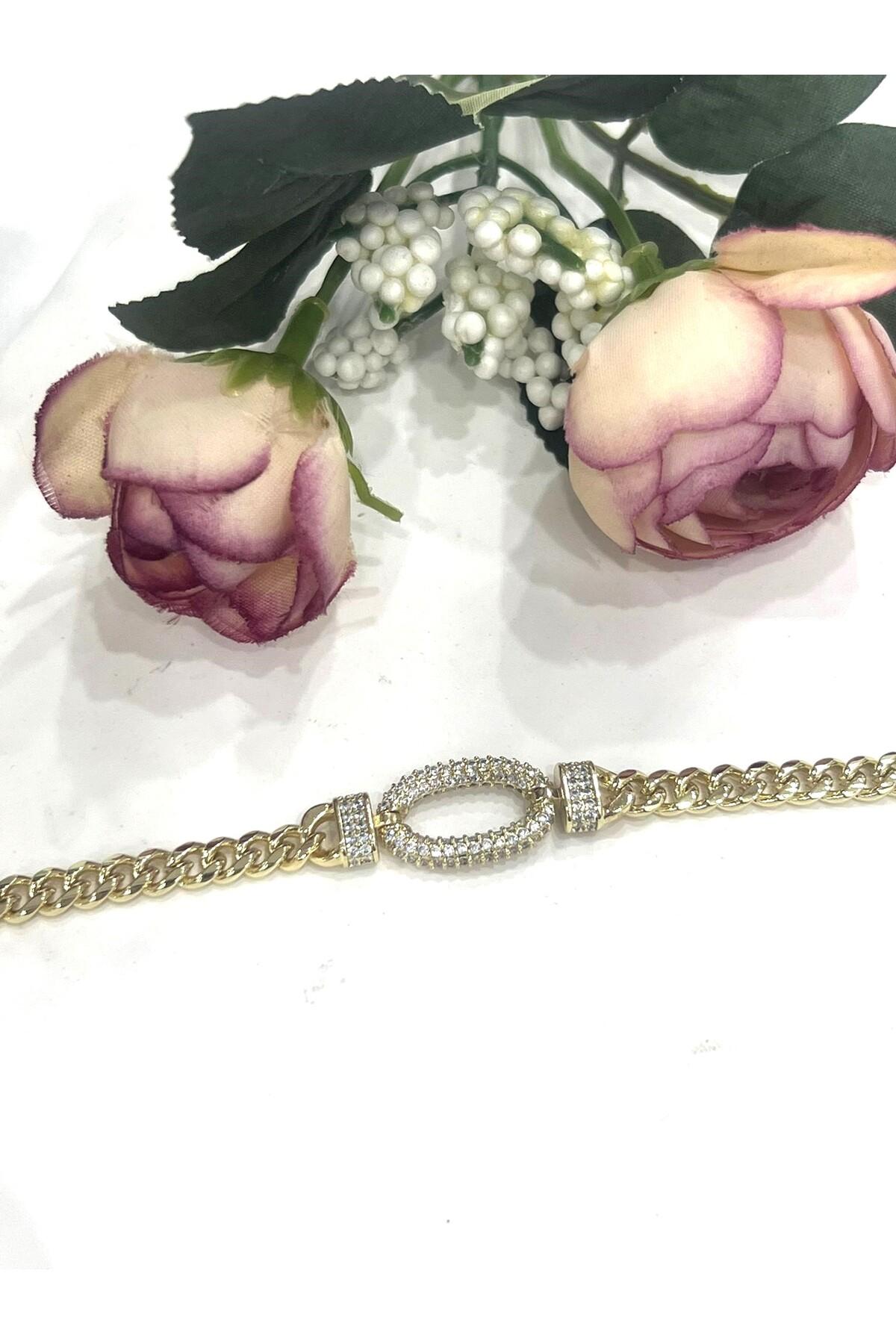 Zirkon Orta Detaylı Gold Zincir Bileklik (14K GOLD /17+2CM) - Görsel 2