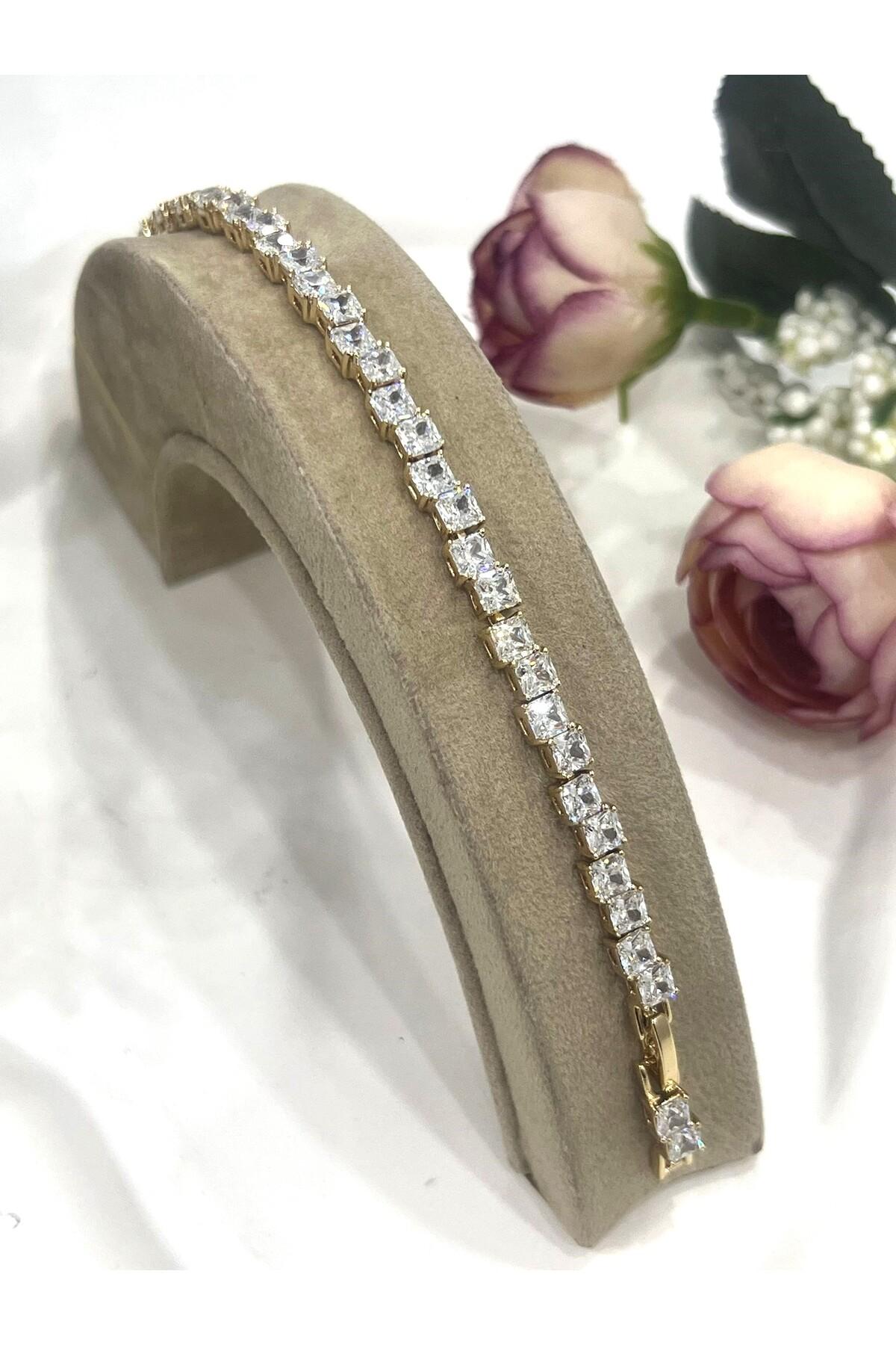 Özel Kaplama Altın Rengi Pırlanta Montür Taşlı Kalın Baget Bileklik (14K GOLD /15+2CM) - Görsel 5