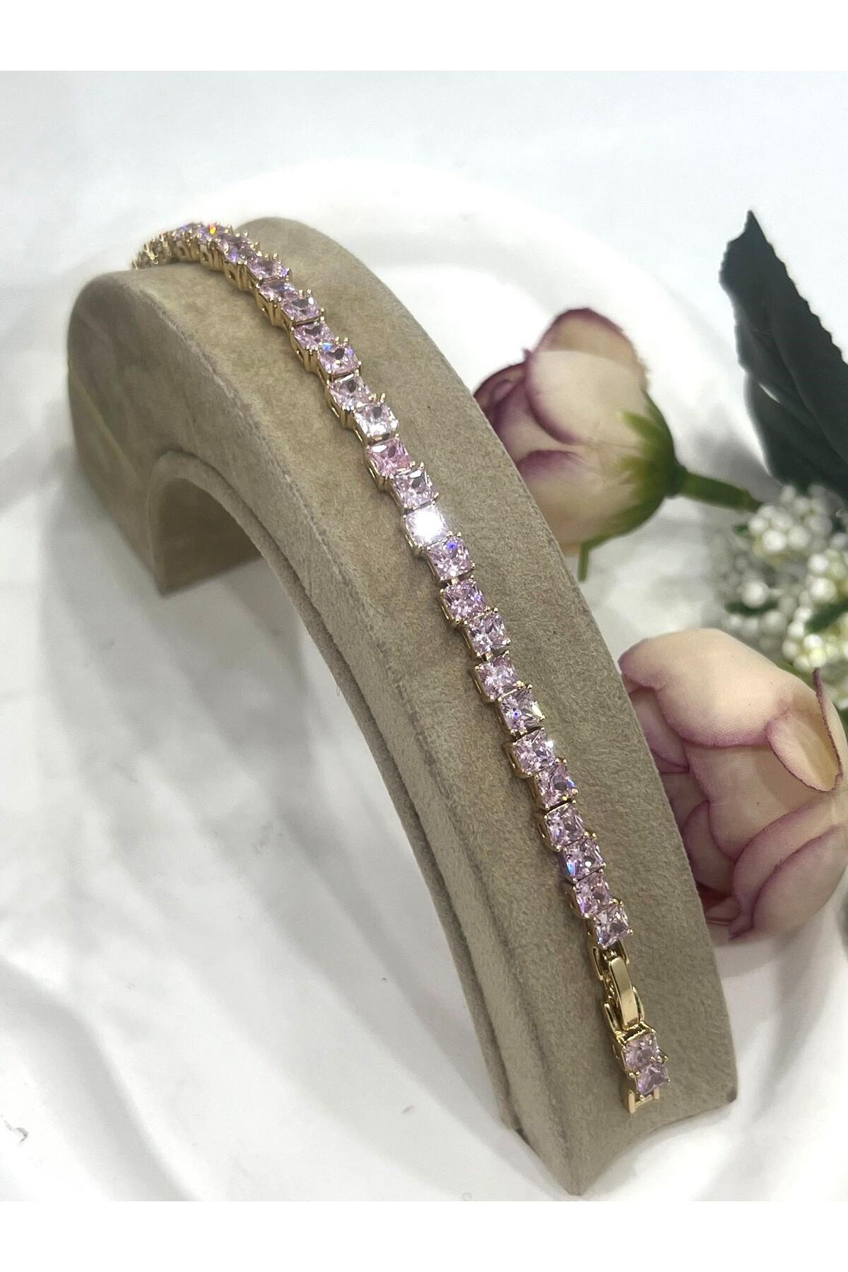 Özel Kaplama Altın Rengi Pırlanta Pembe Montür Taşlı Kalın Baget Bileklik (14K GOLD /15+2CM) - Görsel 5