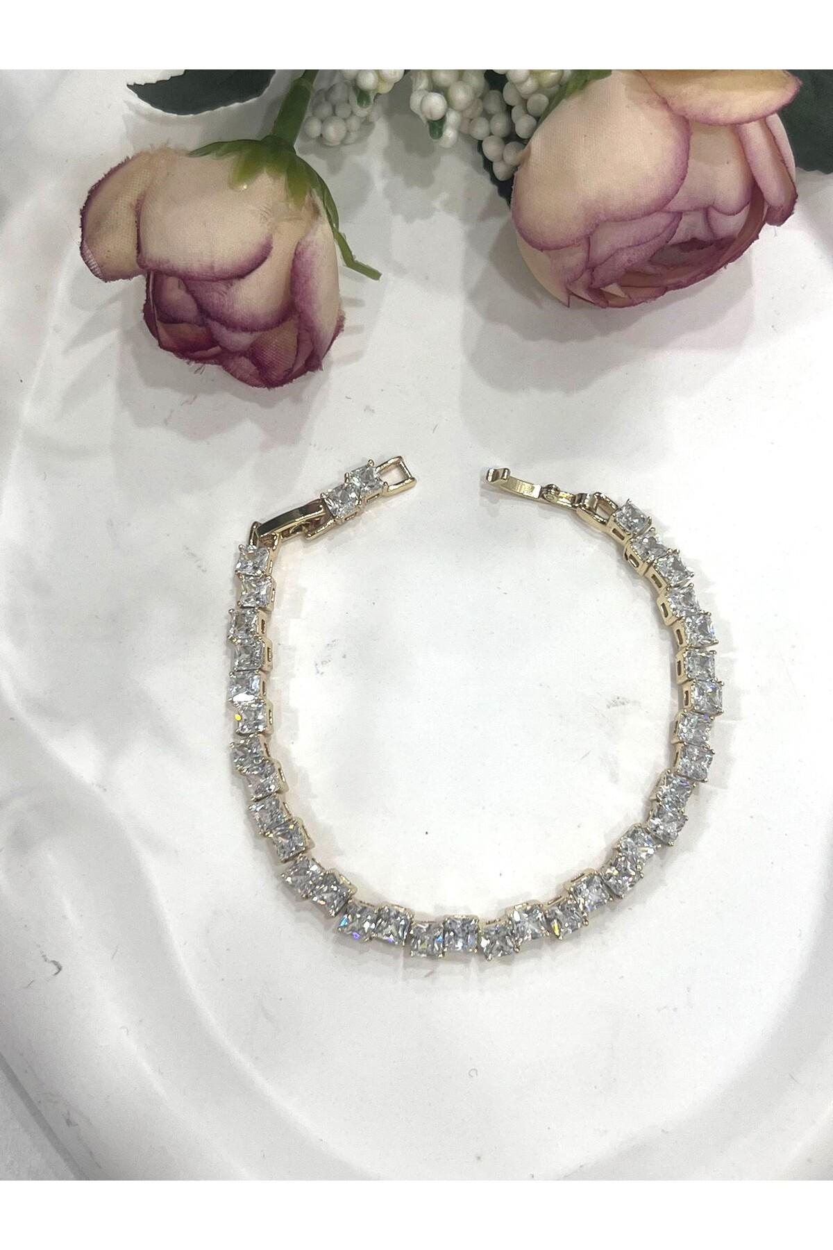 Özel Kaplama Altın Rengi Pırlanta Montür Taşlı Kalın Baget Bileklik (14K GOLD /15+2CM) - Görsel 2