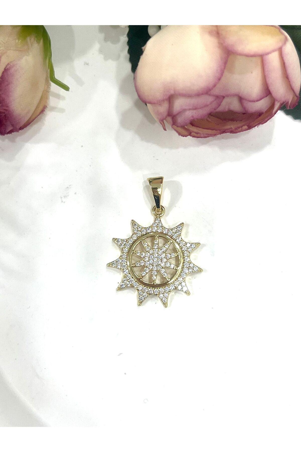 Taş Detaylı Güneş Kolye Ucuu (14k Gold 2,5x2,5cm) - Görsel 2