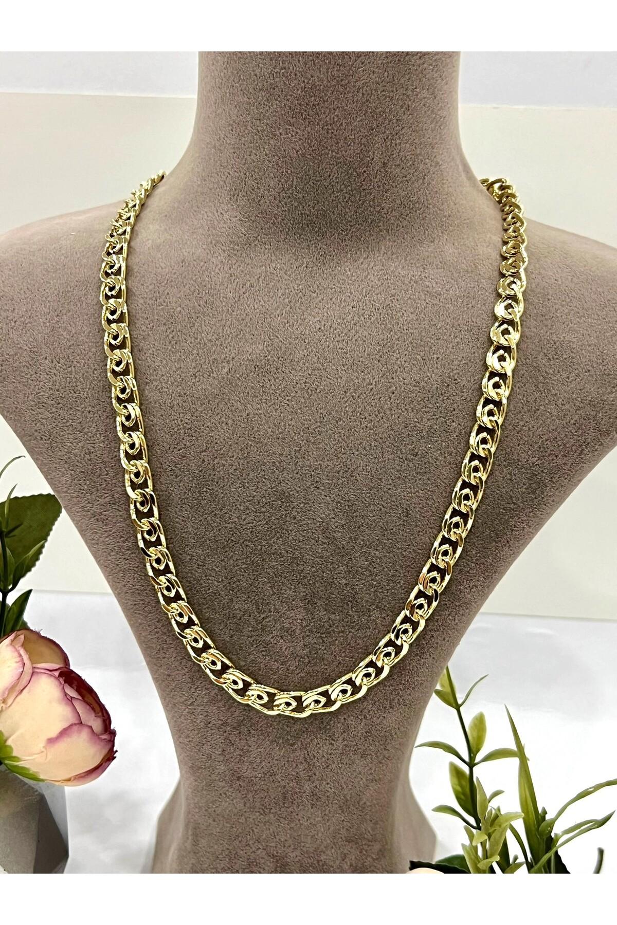 Birbirine Geçme Çok Sayıda Halkadan Oluşan Kalın Zincir Çelik Kolye (14k Gold - 50cm) - Görsel 5