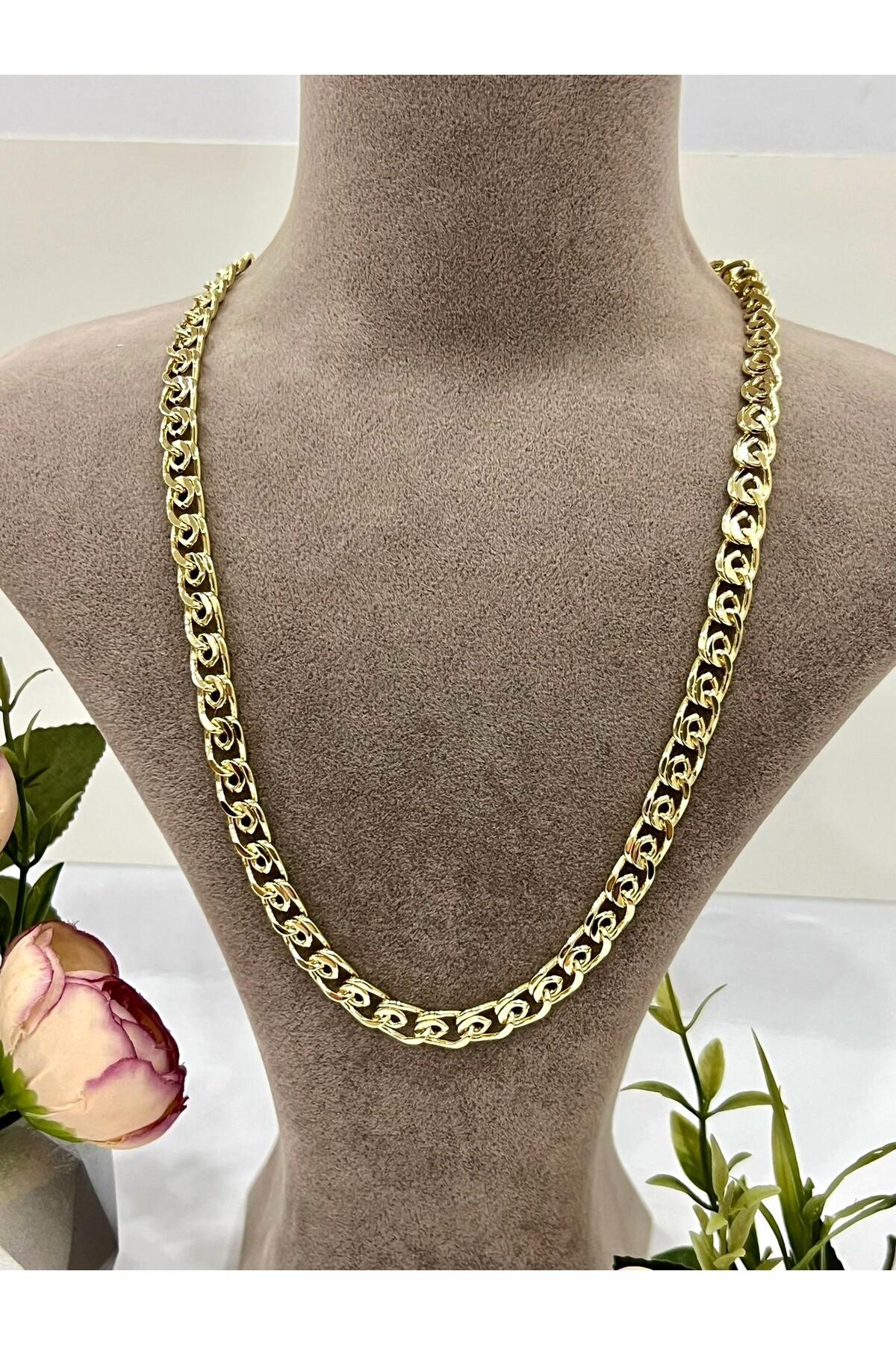 Birbirine Geçme Çok Sayıda Halkadan Oluşan Kalın Zincir Çelik Kolye (14k Gold - 50cm) - Görsel 3