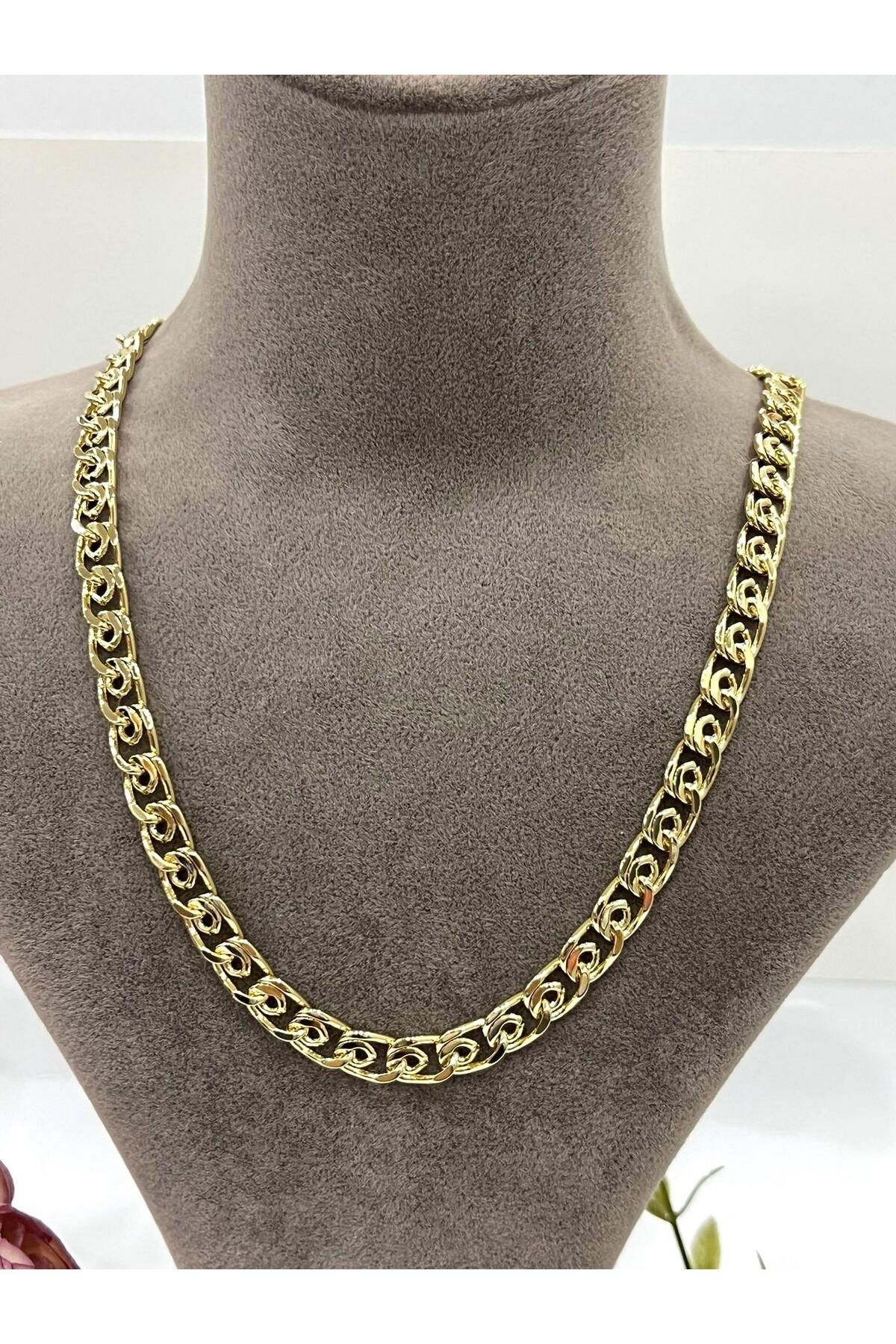 Birbirine Geçme Çok Sayıda Halkadan Oluşan Kalın Zincir Çelik Kolye (14k Gold - 50cm) - Görsel 7