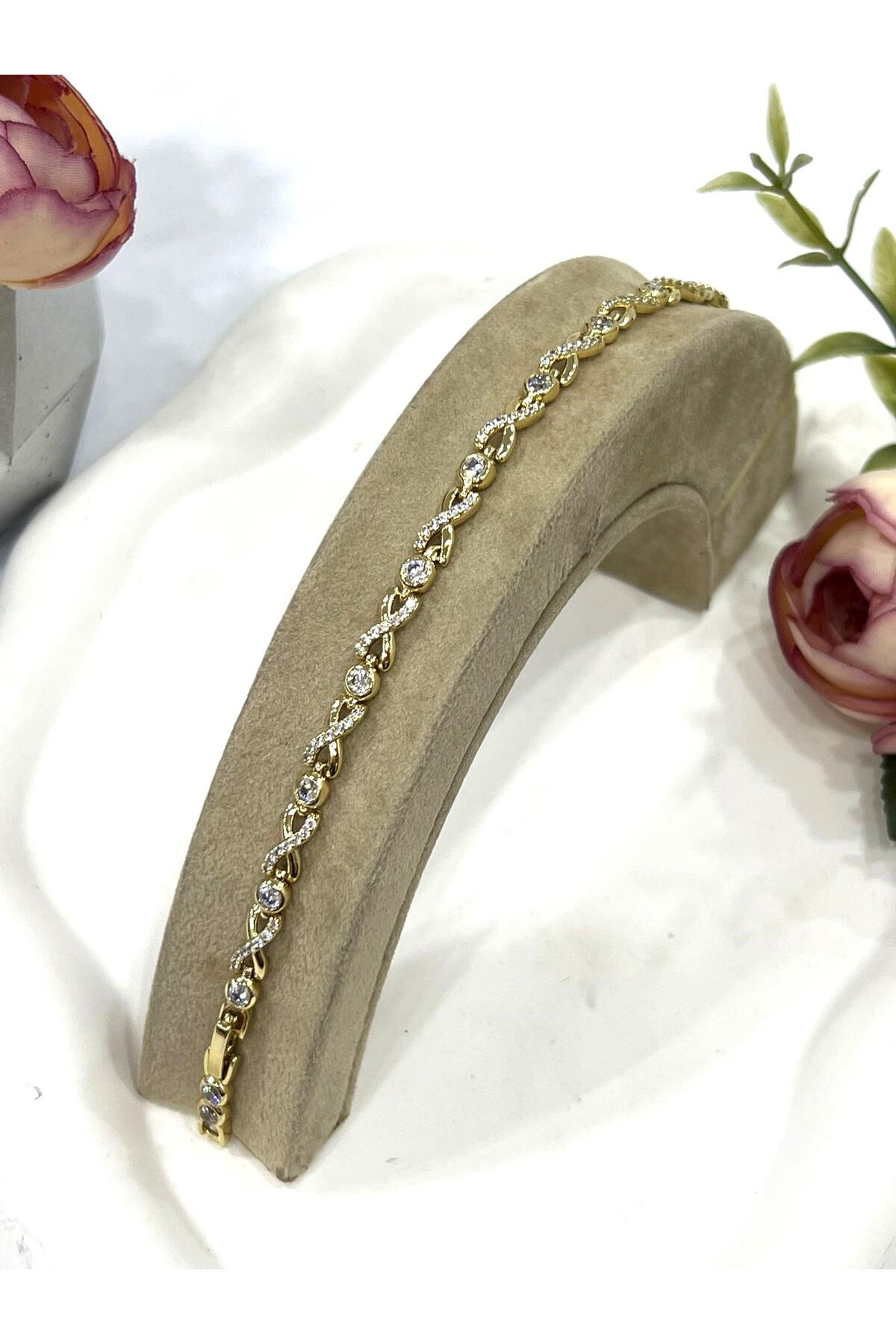 Zirkon Taşlı Sonsuzluk Vip Model Çelik Bileklik Model 3 (14k Gold / 17-19CM)