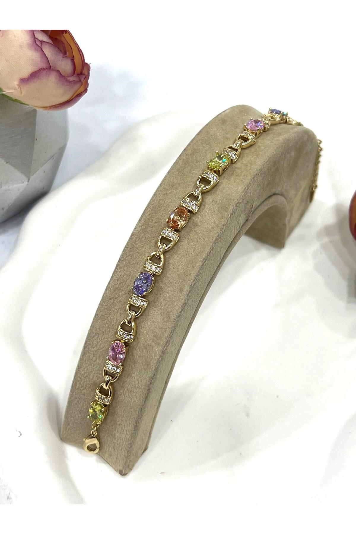 VİP Renkli Zirkon Taşlı Özel Çelik Bileklik (14K Gold/16-19cm) - Görsel 5