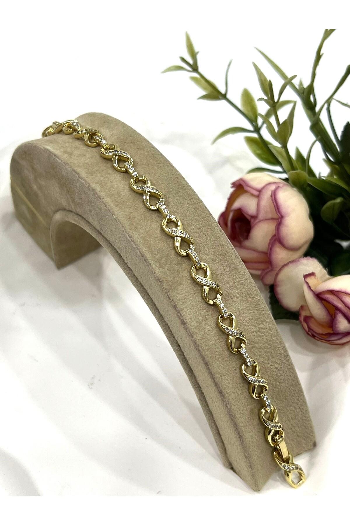 Zirkon Taşlı Sonsuzluk Vip Model Çelik Bileklik Model 2 (14k Gold / 16,5-18,5CM)