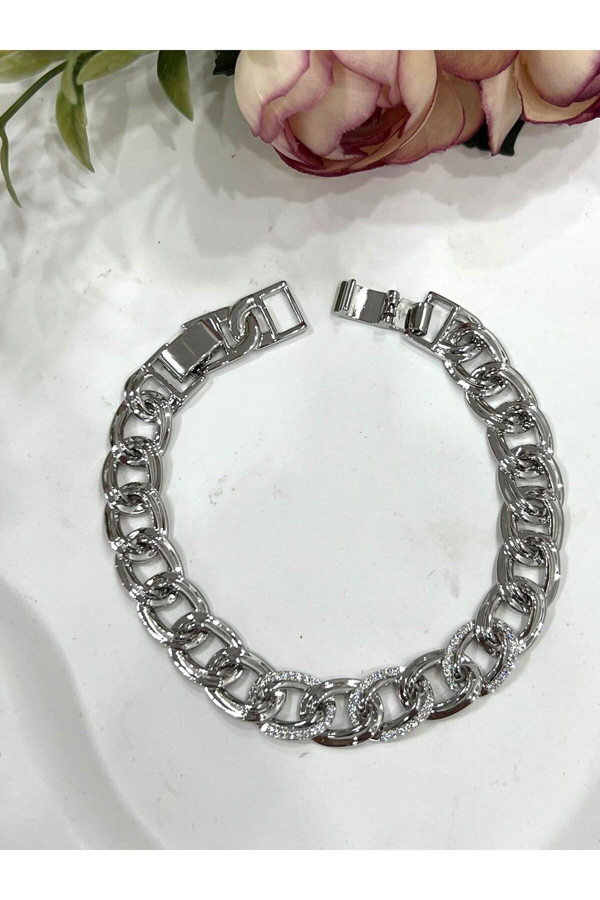 Büyük Samanyolu Zirkon Taşlı Çelik Bileklik (Silver/17+19cm) - Görsel 2