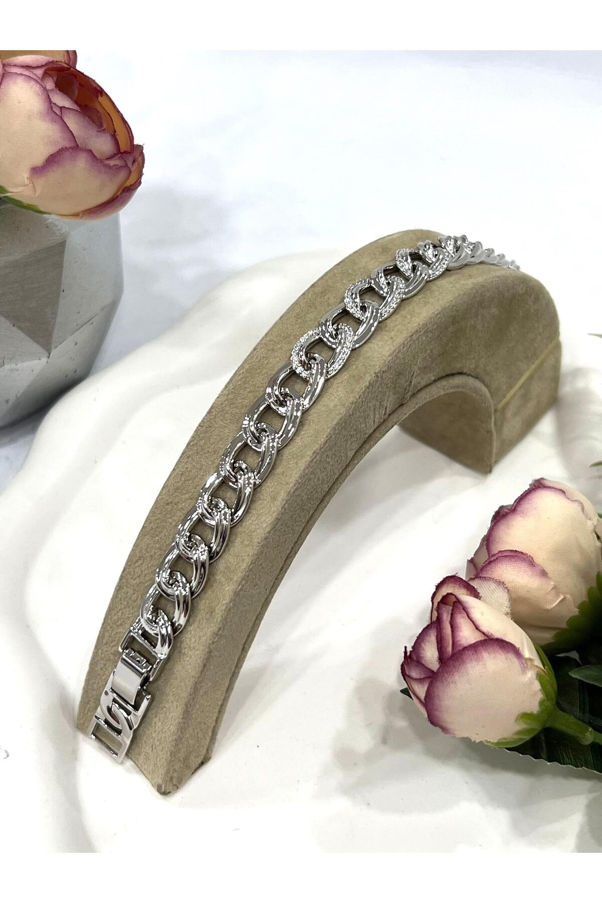 Büyük Samanyolu Zirkon Taşlı Çelik Bileklik (Silver/17+19cm)