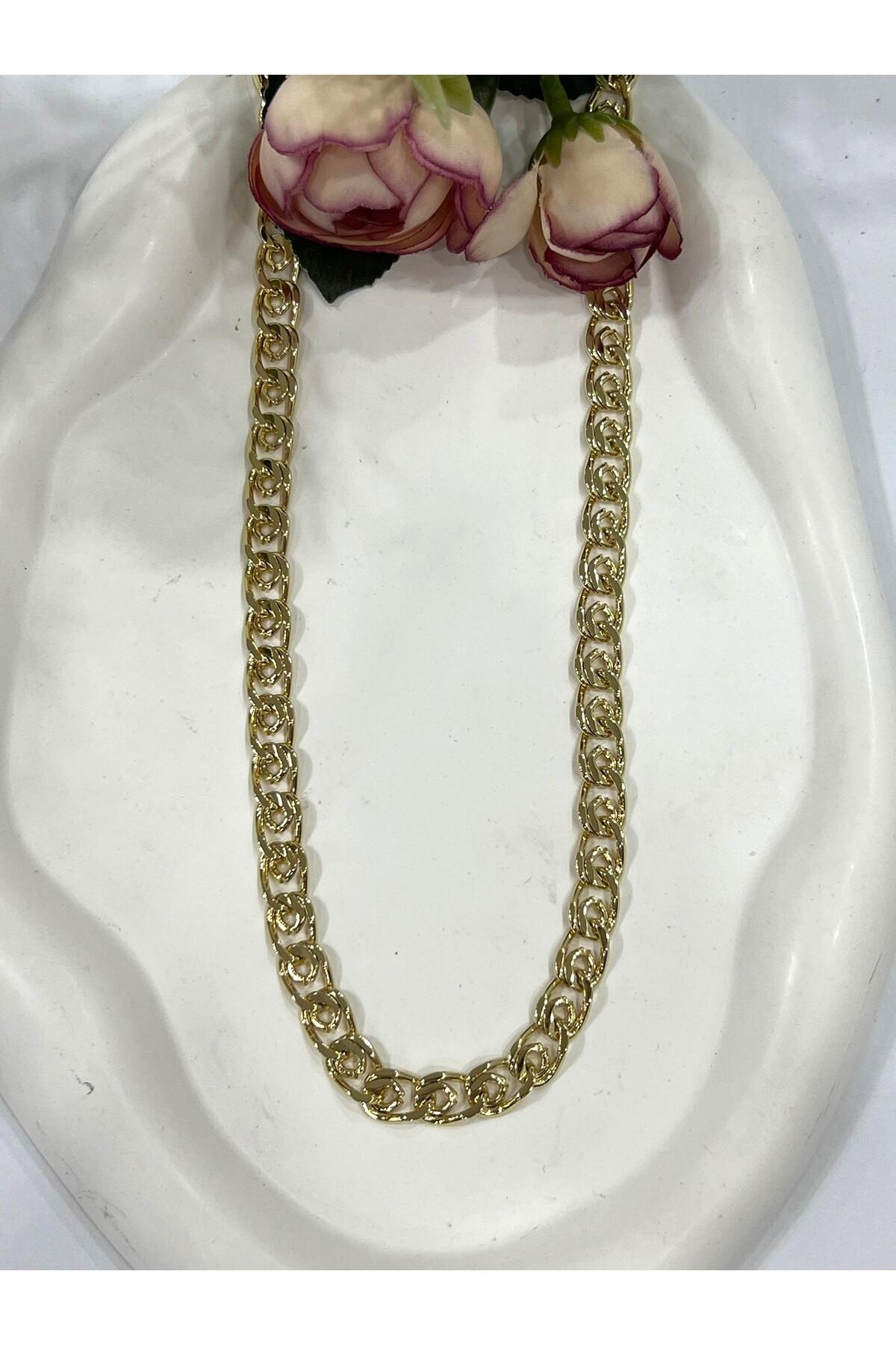 Birbirine Geçme Çok Sayıda Halkadan Oluşan Kalın Zincir Çelik Kolye (14k Gold - 50cm) - Görsel 6