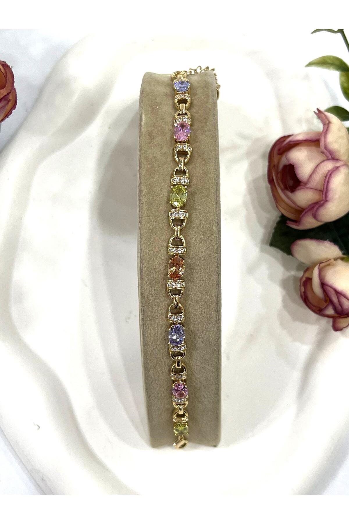 VİP Renkli Zirkon Taşlı Özel Çelik Bileklik (14K Gold/16-19cm) - Görsel 3