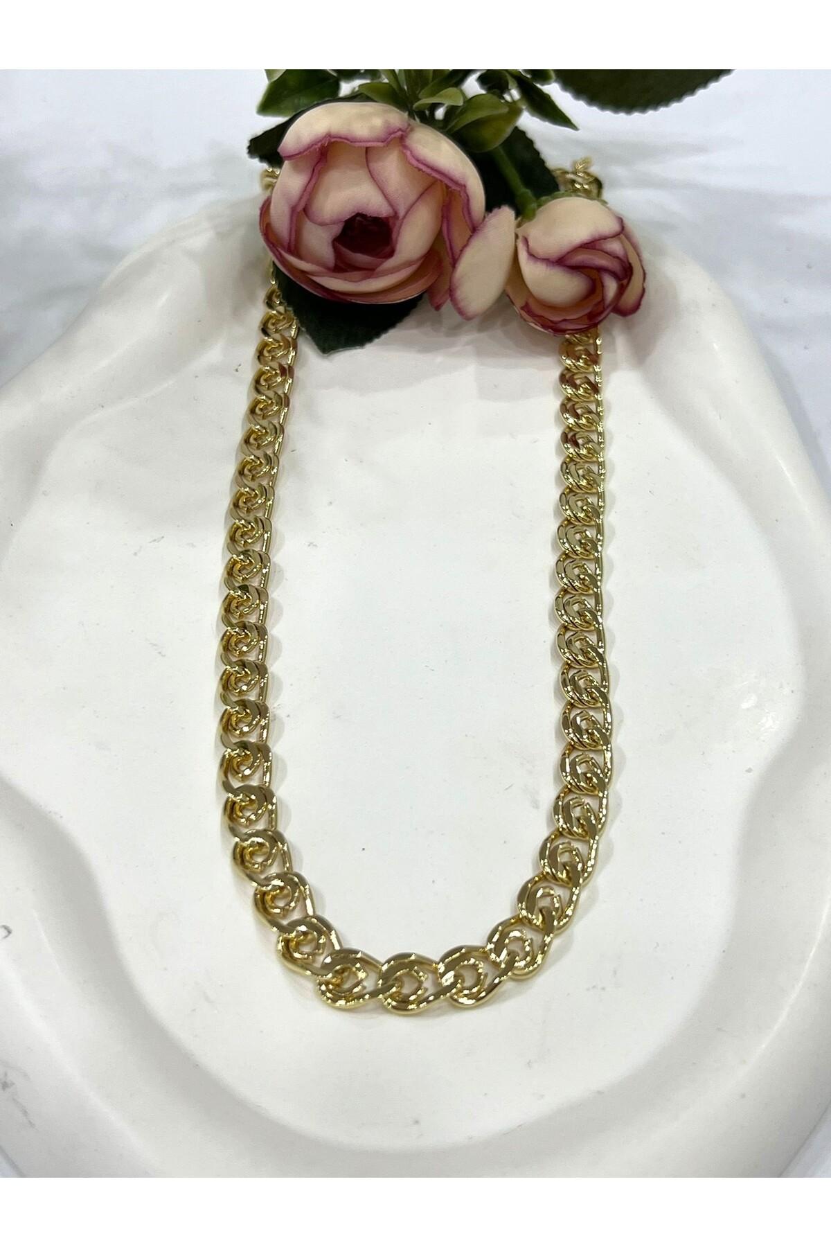 Birbirine Geçme Çok Sayıda Halkadan Oluşan Kalın Zincir Çelik Kolye (14k Gold - 50cm) - Görsel 4