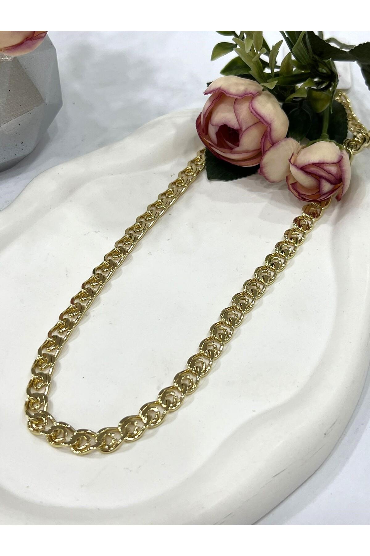 Birbirine Geçme Çok Sayıda Halkadan Oluşan Kalın Zincir Çelik Kolye (14k Gold - 50cm) - Görsel 2